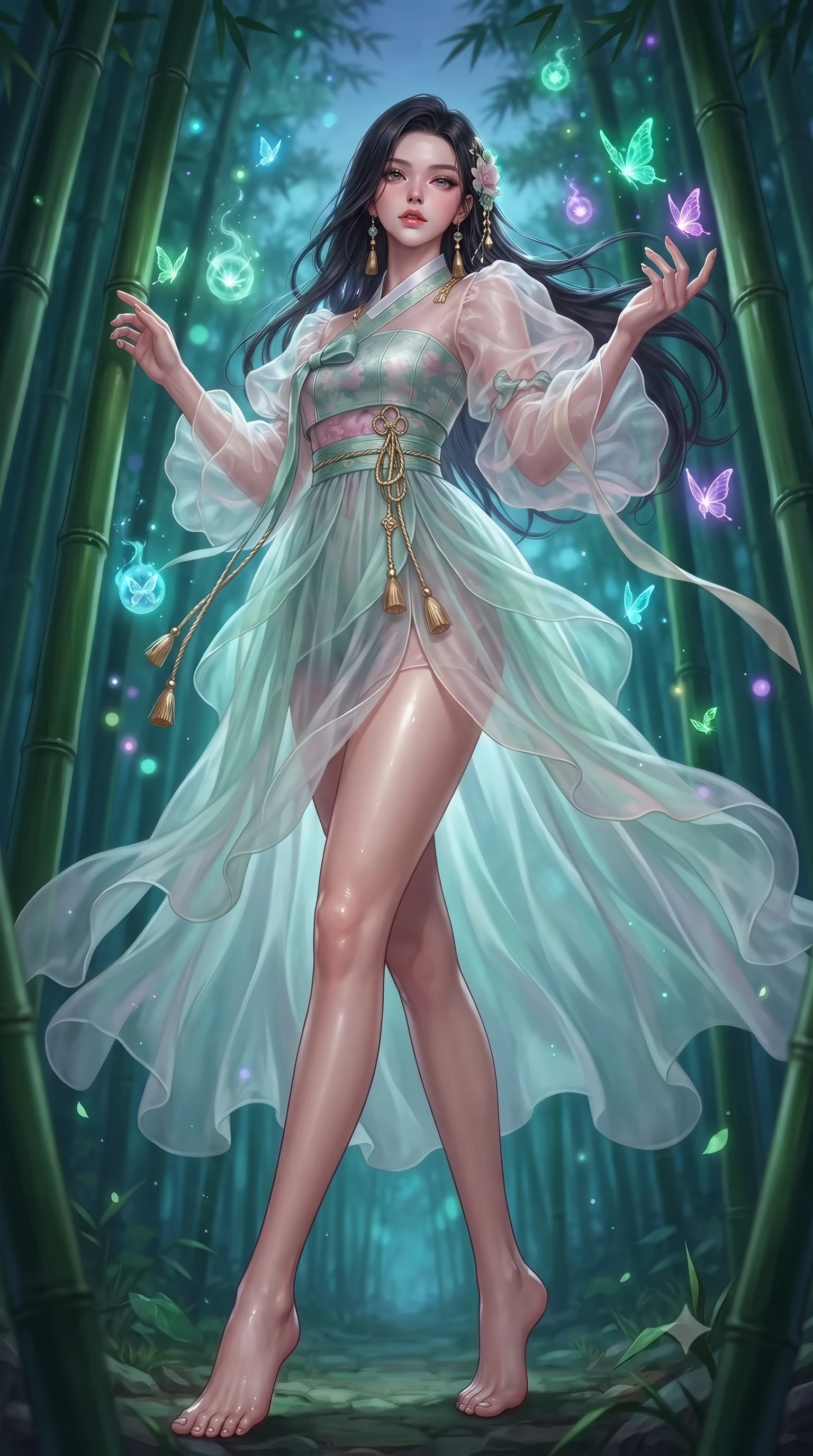 score_9, masterpiece, best quality, ultra-detailed, high-budget anime keyframe, editorial fashion photography, tasteful artistic composition, Korean woman. low angle full-body shot from head to toe showing her feet, filling the entire 9:16 vertical frame with her statuesque presence, stretching her vertical silhouette. standing poised with one hip cocked in an alluring high-fashion pose, her tall 8.5-heads proportions dominating the scene while pivoting gracefully around towering green bamboo stalks as ethereal glowing butterflies dance around her fingertips. The composition keeps background elements in soft focus with creamy bokeh. towering bamboo groves and floating spirit orbs blurred into luminous emerald, cyan, and amethyst bokeh. She has an absolutely perfect, statuesque 8.5-heads proportion, an exceptionally tall and slender model-like female figure with impossibly long slender legs, a toned flat midriff, and an ultra-slim waist. sharp v-shaped jawline, high-bridge nose, intricate jewel-like eyes with depth, thick eyelashes, glossy lips with a natural sheen, captivating and magnetic expression, flawlessly proportioned anatomical accuracy, strict slender model proportions, natural body alignment, perfectly sculpted long slender limbs, ultra-slim waistline, clean dynamic posture without body distortion. wearing a modern fusion silk hanbok dress with sheer organza butterfly sleeves and a structured mother-of-pearl bodice in lotus petal pink and jade mist, crafted from sheer cascading chiffon that ripples like water, accessorized with delicate gold bell tassels and braided silk cords, the liquid-tight tailored fabric emphasizing every curve of her tall, slender model proportions and sculptured silhouette during dynamic movement. illuminated by ethereal glow highlighting her sculpted collarbones, waistline, and slender silhouette. ultra-reflective glossy finish, specular highlights, rich textural contrasts, high-contrast stereoscopic depth, volumetric dynamic lighting, 2k, ultra detail, master piece, 9:16 ratio