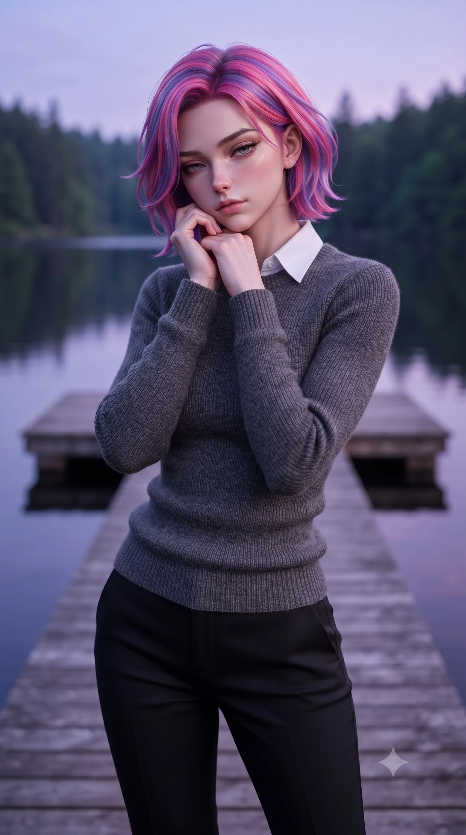 score_9, masterpiece, best quality, ultra-detailed, high-budget anime keyframe, editorial fashion photography, tasteful artistic composition, Caucasian woman. close-up cowboy shot from the waist and thighs up, the character dominates the composition, filling the frame with her large presence, background elements kept in soft focus. resting her chin on the backs of her fingers, casting a heavy-lidded, sultry look past the camera the background shows a soft-focus a private lakehouse wooden pier extending over a calm forest lake at dusk. She has an exceptionally elegant, slender, and willowy female figure with an ultra-slim waist, a gracefully sculpted slender torso, and a refined silhouette. sharp v-shaped jawline, high-bridge nose, intricate jewel-like eyes with depth, thick eyelashes, glossy lips with a natural sheen. wearing a form-contouring cozy charcoal grey knit sweater over a white collared shirt and black slacks. serene purple and blue hues of twilight reflecting on still water. ultra-reflective glossy finish, specular highlights, metallic sheen, high-contrast stereoscopic depth, volumetric dynamic lighting, 2k, ultra detail, master piece, 9:16 ratio