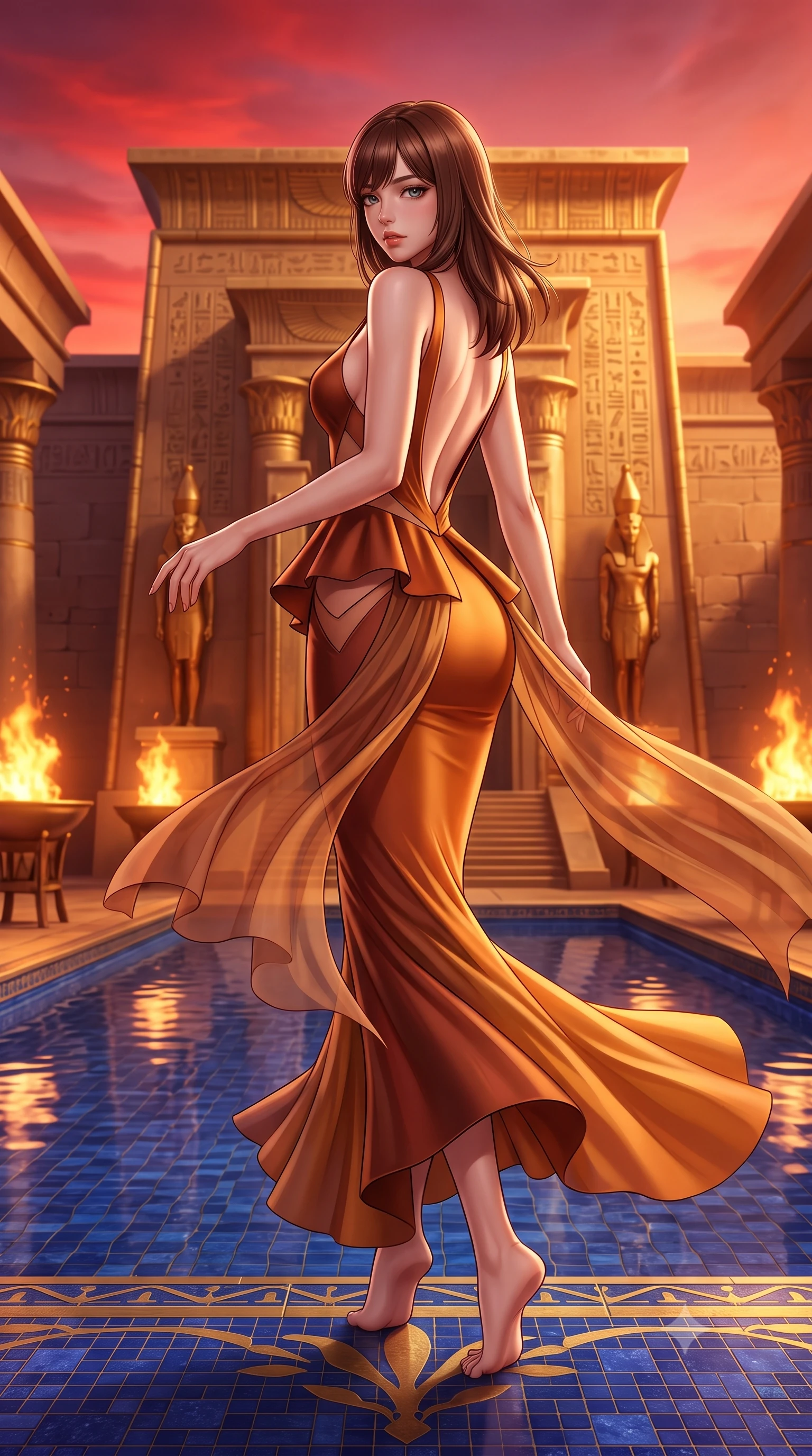 score_9, masterpiece, best quality, ultra-detailed, high-budget anime keyframe, semi-realistic 3D game render, editorial fashion photography, tasteful artistic composition, Korean woman. low angle full-body shot from head to toe showing her feet, filling the entire 9:16 vertical frame with her statuesque presence, stretching her vertical silhouette. executing an elegant mid-motion pivot turn as garments swirl around her slender limbs, glancing over her shoulder with an intoxicating bedroom-gaze while dipping one slender foot into the sacred lapis lazuli pool before the golden temple, hips cocked back in an alluring S-curve as she looks over her bare shoulder. The surrounding environment is rendered in vivid detail and crisp panoramic clarity. breathtaking Egyptian golden-hour chiaroscuro and majestic Pharaoh sanctuary architecture in precision. She has an absolutely perfect, statuesque 8.5-heads proportion, an exceptionally tall and slender model-like female figure with impossibly long slender legs, a toned flat midriff, an ultra-slim waist, and beautifully sculpted feminine hips. sharp v-shaped jawline, high-bridge nose, intricate jewel-like eyes with depth, thick eyelashes, glossy parted lips with a natural sheen, intensely captivating and seductive bedroom-eyes expression, flawlessly proportioned anatomical accuracy, strict slender model proportions, natural body alignment, perfectly sculpted long slender limbs, ultra-slim waistline, clean dynamic posture without body distortion. wearing a structural geometric peplum gown with sheer side-ribbon cutouts and form-fitting skirt in rich copper bronze and warm amber, made of liquid bamboo jersey adhering seamlessly to her slender frame, finished with sheer floating train panels fluttering behind her in the desert breeze, the dramatically scooped open back descending to the base of her spine, accentuating her razor-sharp statuesque lines and curvy hourglass silhouette. bathed in blazing crimson sunset backlighting and warm amber brazier fire uplights. highly saturated vibrant anime colors, detailed shading with soft gradients, rich glossy textures, high-contrast stereoscopic depth, volumetric dynamic lighting, master piece, 9:16 ratio