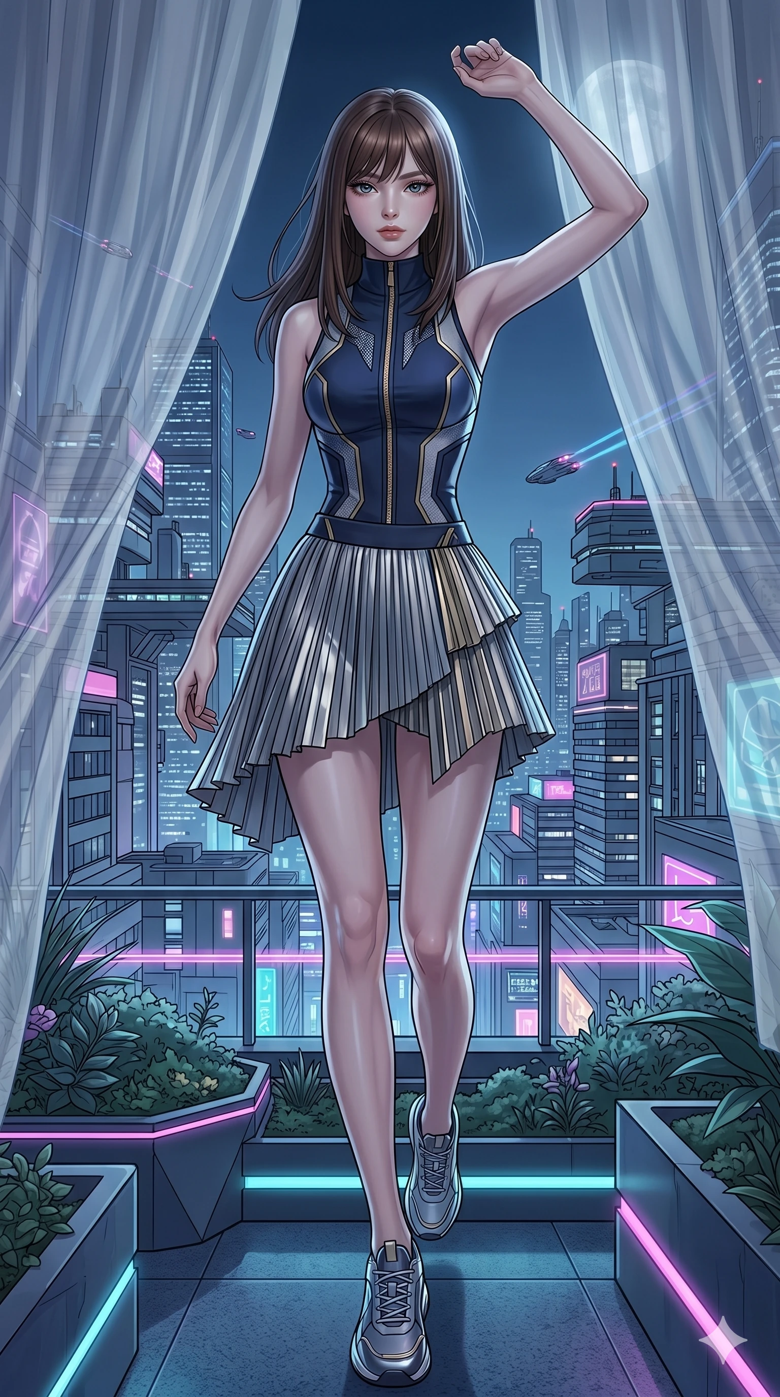score_9, masterpiece, best quality, ultra-detailed, high-budget anime keyframe, editorial fashion photography, tasteful artistic composition, Korean woman. low angle full-body shot from head to toe showing her feet, filling the entire 9:16 vertical frame with her statuesque presence, stretching her vertical silhouette. Lunging dynamically forward with one arm raised at the edge of a futuristic rooftop garden overlooking a neon-drenched megalopolis at night. She has an absolutely perfect 8-heads proportion, an exceptionally tall and slender female figure with impossibly long slender legs and an ultra-slim waist. V-shaped jawline, high-bridge nose, intricate jewel-like eyes with depth, thick eyelashes, glossy lips with a natural sheen. wearing a structured high-neck athletic bodysuit in deep navy with bold architectural side paneling and a gold zip detail, layered under an asymmetric pleated metallic mini skirt at mid-thigh. bathed in cold silver moonlight filtered through translucent gossamer curtains casting soft shadows on her curves. 2k, ultra detail, master piece, 9:16 ratio