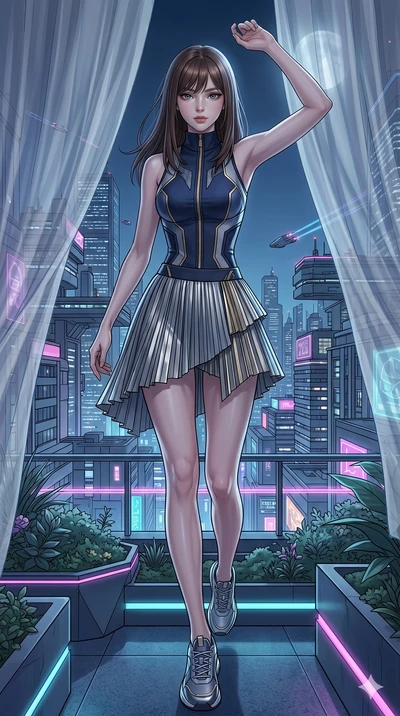 score_9, masterpiece, best quality, ultra-detailed, high-budget anime keyframe, editorial fashion photography, tasteful artistic composition, Korean woman. low angle full-body shot from head to toe showing her feet, filling the entire 9:16 vertical f