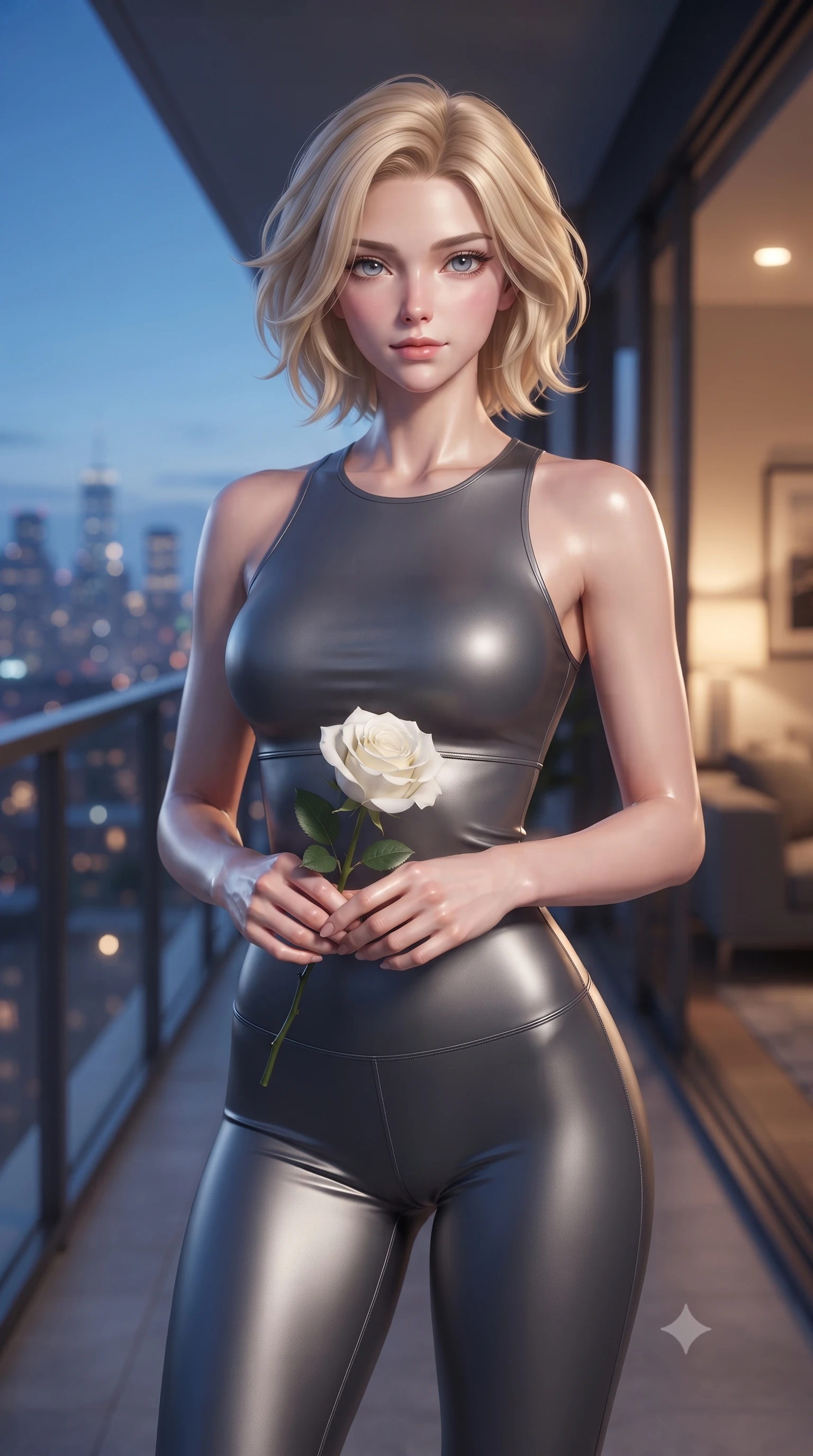 score_9, masterpiece, best quality, ultra-detailed, high-budget anime keyframe, editorial fashion photography, tasteful artistic composition, Caucasian woman woman. close-up cowboy shot from the waist and thighs up, the character dominates the composition, filling the frame with her large presence, background elements kept in soft focus. gazing directly at the viewer with a calm and welcoming expression, holding a fresh flower the background shows a soft-focus a modern apartment balcony overlooking a distant glittering city skyline at dusk. She has an exceptionally elegant, slender, and willowy female figure with an ultra-slim waist, a gracefully sculpted slender torso, and a refined silhouette. sharp v-shaped jawline, high-bridge nose, intricate jewel-like eyes with depth, thick eyelashes, glossy lips with a natural sheen. wearing a form-contouring form-fitting activewear top and leggings set in charcoal grey, tracing her athletic frame. the cool blue twilight sky contrasting with the warm golden lights of the room inside. ultra-reflective glossy finish, specular highlights, metallic sheen, high-contrast stereoscopic depth, volumetric dynamic lighting, 2k, ultra detail, master piece, 9:16 ratio
