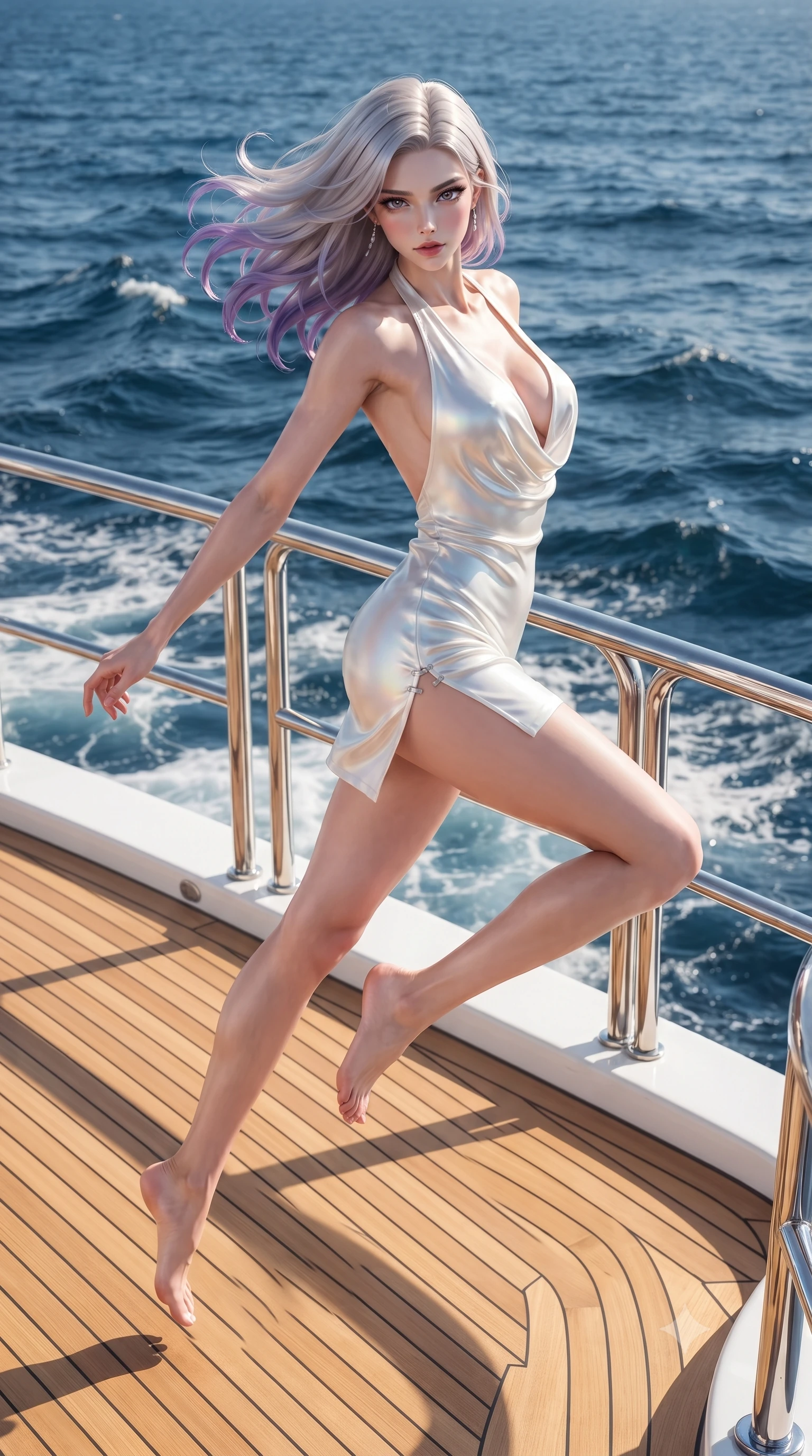 score_9, masterpiece, best quality, ultra-detailed, high-budget anime keyframe, editorial fashion photography, tasteful artistic composition, Caucasian woman. low angle full-body shot from head to toe showing her feet, filling the entire 9:16 vertical frame with her statuesque presence, stretching her vertical silhouette. leaping through mid-air with an athletic yet alluring arch of her spine, her impossibly long slender legs stretched in flawless poise while stretching her impossibly long slender legs along the sunlit teak deck with effortless supermodel poise. The surrounding environment is rendered in vivid detail and crisp panoramic clarity. crisp golden teak deck wood grain, polished chrome yacht railings, and deep blue sea waves in deep focus. She has an absolutely perfect, statuesque 8.5-heads proportion, an exceptionally tall and slender model-like female figure with impossibly long slender legs, a toned flat midriff, and an ultra-slim waist. sharp v-shaped jawline, high-bridge nose, intricate jewel-like eyes with depth, thick eyelashes, glossy lips with a natural sheen, flawlessly proportioned anatomical accuracy, strict slender model proportions, natural body alignment, perfectly sculpted long slender limbs, ultra-slim waistline, clean dynamic posture without body distortion. wearing a form-contouring liquid satin halter-neck mini dress with a deep crossover cowl front, open back, and ultra-slender waist drape in glistening liquid pearl white with rainbow opalescence, formed from high-gloss patent material with specular light reflections, finished with an ultra-high side slit secured by miniature magnetic clasps, the glove-like aerodynamic second-skin fit tightly clinging to her ultra-slender waist and athletic curves without adding bulk, accentuating her razor-sharp statuesque lines and slim hourglass silhouette. illuminated by intense white fill light and crisp specular highlights tracing her slender curves. ultra-reflective glossy finish, specular highlights, metallic sheen, high-contrast stereoscopic depth, volumetric dynamic lighting, 2k, ultra detail, master piece, 9:16 ratio