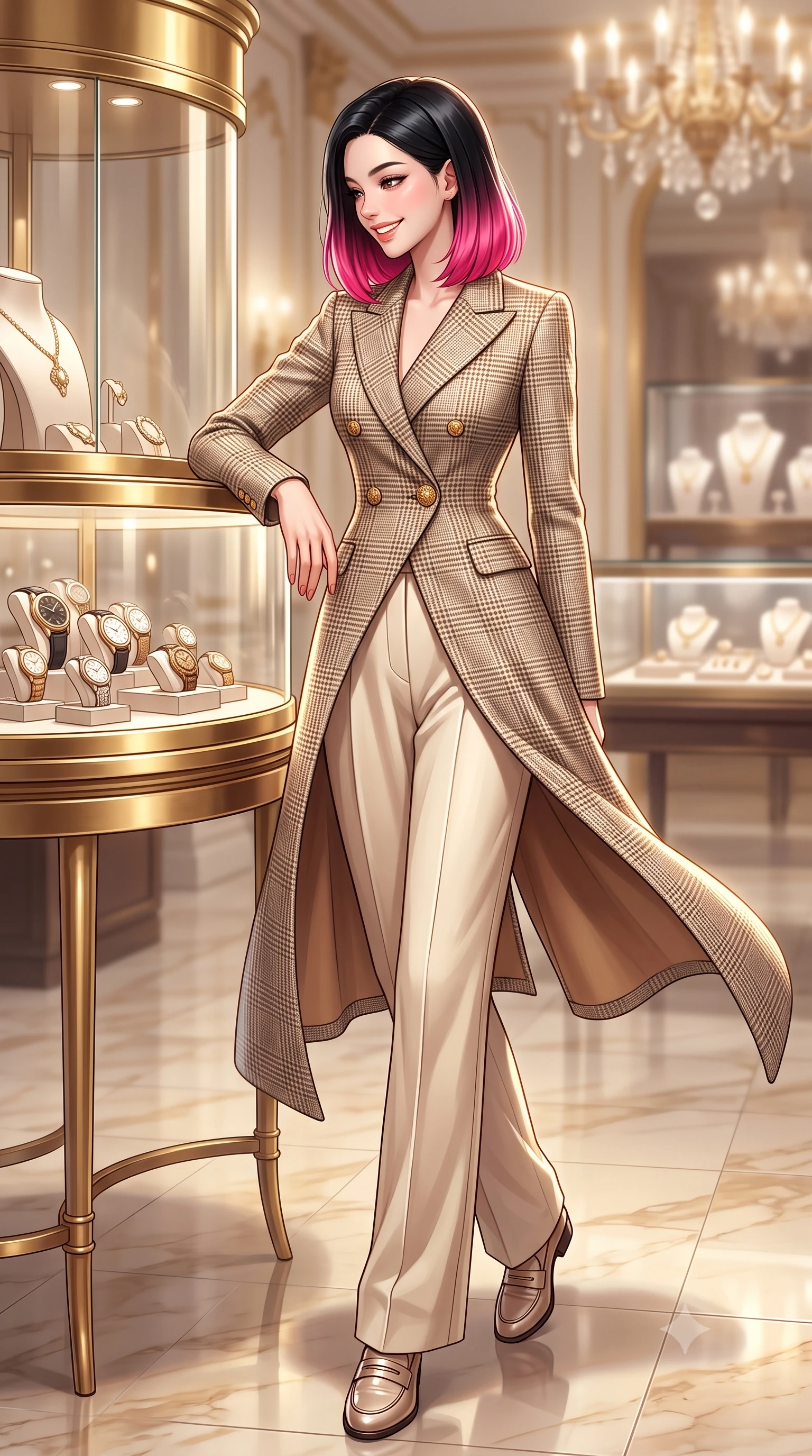 score_9, masterpiece, best quality, ultra-detailed, high-budget anime keyframe, semi-realistic 3D game render, editorial fashion photography, tasteful artistic composition, Korean woman. low angle full-body shot from head to toe showing her feet, filling the entire 9:16 vertical frame with her statuesque presence, stretching her vertical silhouette. stepping forward gracefully in mid-motion with a radiant beaming smile, her long tailored coat fluttering around her slender legs while leaning gracefully against the curved gilded vitrine examining a luxury timepiece, her posture straight and commanding with aristocratic cool. The background shows a soft-focus glass display cases with luxury jewels softened in opulent Parisian palace shallow focus. She has an exceptionally tall and slender model-like 8.5-heads proportion, an ultra-slim waist, a flat toned midriff, narrow delicate ribcage, and beautifully sculpted feminine hips creating a graceful, slim hourglass silhouette without any bulky heaviness, with impossibly long slender legs. sharp v-shaped jawline, high-bridge nose, intricate jewel-like sparkling eyes with depth, thick eyelashes, glossy parted lips with a natural peach sheen, bright cheerful beaming smile with an enchanting and coquettish sensual glint, exuding both youthful cute charm and seductive allure, flawlessly proportioned anatomical accuracy, strict slender model proportions, natural body alignment, perfectly sculpted long slender limbs, ultra-slim waistline, clean dynamic posture without body distortion. wearing a double-breasted Prince of Wales check tailored wool blazer paired with high-waisted pleated wide-leg trousers in soft champagne ivory and warm biscuit beige, crafted from ultra-soft Mongolian cashmere with exquisite insulating warmth and tactile softness, accented with an ornate 24k gold lion-embossed crest button along the front closure, the precision-cut high-waisted tailoring accentuating her ultra-slim waist and long slender leg line with immaculate aristocratic poise. illuminated by polished marble floor bounce and pristine champagne rim lights defining her razor-sharp jawline and elegant tailored silhouette. highly saturated vibrant anime colors, detailed shading with soft gradients, rich glossy textures, high-contrast stereoscopic depth, volumetric dynamic lighting, master piece, 9:16 ratio