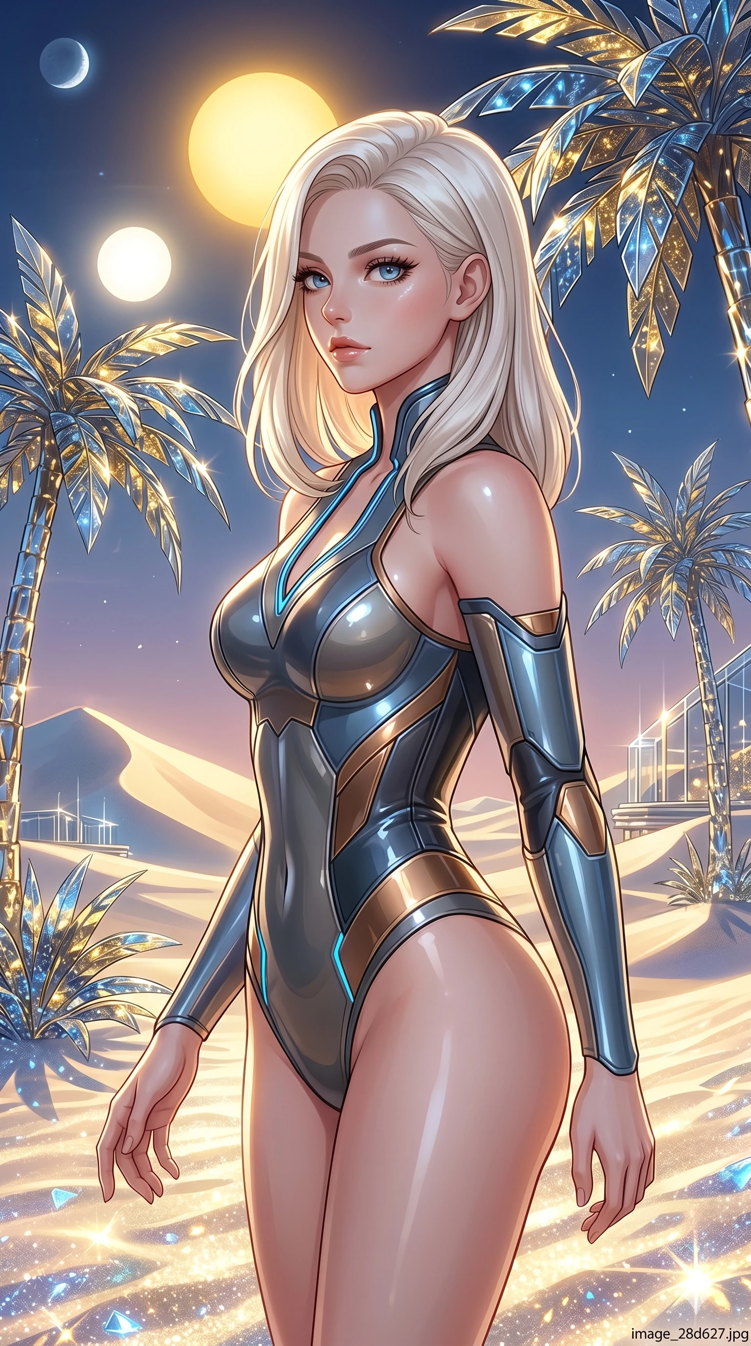 score_9, masterpiece, best quality, ultra-detailed, high-budget anime keyframe, Caucasian woman, strictly human ears. Upper body close-up from the thighs up, character filling the screen for maximum presence. She is walking through a futuristic sand dune oasis under twin suns, with digital glass palms reflecting gold. She turns her upper body with a captivating, mysterious expression. She has an absolutely perfect 8-heads proportion, a tall and elegant figure with a refined silhouette and a defined waistline. V-shaped jawline, high-bridge nose, intricate jewel-like eyes with depth, thick eyelashes, glossy lips with a natural sheen. She is wearing a structured cybernetic bodice in glossy vinyl panels, paired with detached sleeves and a refined V-neckline detailed with glowing piping. The scene is bathed in intense, bright golden desert sun and sharp specular highlights on her smooth skin. 2k, ultra detail, master piece, 9:16 ratio