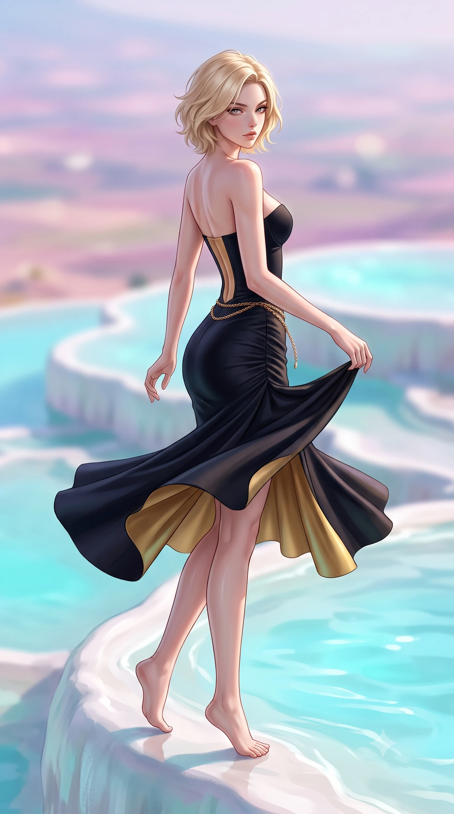 score_9, masterpiece, best quality, ultra-detailed, high-budget anime keyframe, semi-realistic 3D game render, editorial fashion photography, tasteful artistic composition, Caucasian woman. low angle full-body shot from head to toe showing her feet, filling the entire 9:16 vertical frame with her statuesque presence, stretching her vertical silhouette. executing an elegant mid-motion pivot turn as garments swirl around her slender limbs, glancing over her shoulder with an intoxicating bedroom-gaze while sitting on the smooth calcified white mineral rim with legs crossed, looking over her bare shoulder with sun-dazed, seductive bedroom-eyes. The composition keeps background elements in soft focus with creamy bokeh. cascading tiered milky-cyan mineral pools and vast Anatolian plains blurred into pastel pink, lavender, and opalescent turquoise bokeh. She has an exceptionally tall and slender model-like 8.5-heads proportion, an ultra-slim waist, a flat toned midriff, narrow delicate ribcage, and beautifully sculpted feminine hips creating a graceful, slim hourglass silhouette without any bulky heaviness, with impossibly long slender legs. sharp v-shaped jawline, high-bridge nose, intricate jewel-like eyes with depth, thick eyelashes, glossy parted lips with a natural sheen, intensely captivating and seductive bedroom-eyes expression, flawlessly proportioned anatomical accuracy, strict slender model proportions, natural body alignment, perfectly sculpted long slender limbs, ultra-slim waistline, clean dynamic posture without body distortion. wearing an ultra-fitted strapless bustier midi dress with side hip ruching and exposed spine in midnight obsidian black and liquid gold, tailored from water-resistant treated wool gabardine and flexible stretch silk, accented with a delicate gold chain belt resting loosely on her curvy hips, the form-contouring material adhering flawlessly to her sculpted flat midriff and slender torso, emphasizing her long leg lines and perfectly proportioned willowy build. illuminated by luminous turquoise water reflections sharply carving her razor-sharp jawline, narrow waist, and curvy hips. highly saturated vibrant anime colors, detailed shading with soft gradients, rich glossy textures, high-contrast stereoscopic depth, volumetric dynamic lighting, master piece, 9:16 ratio