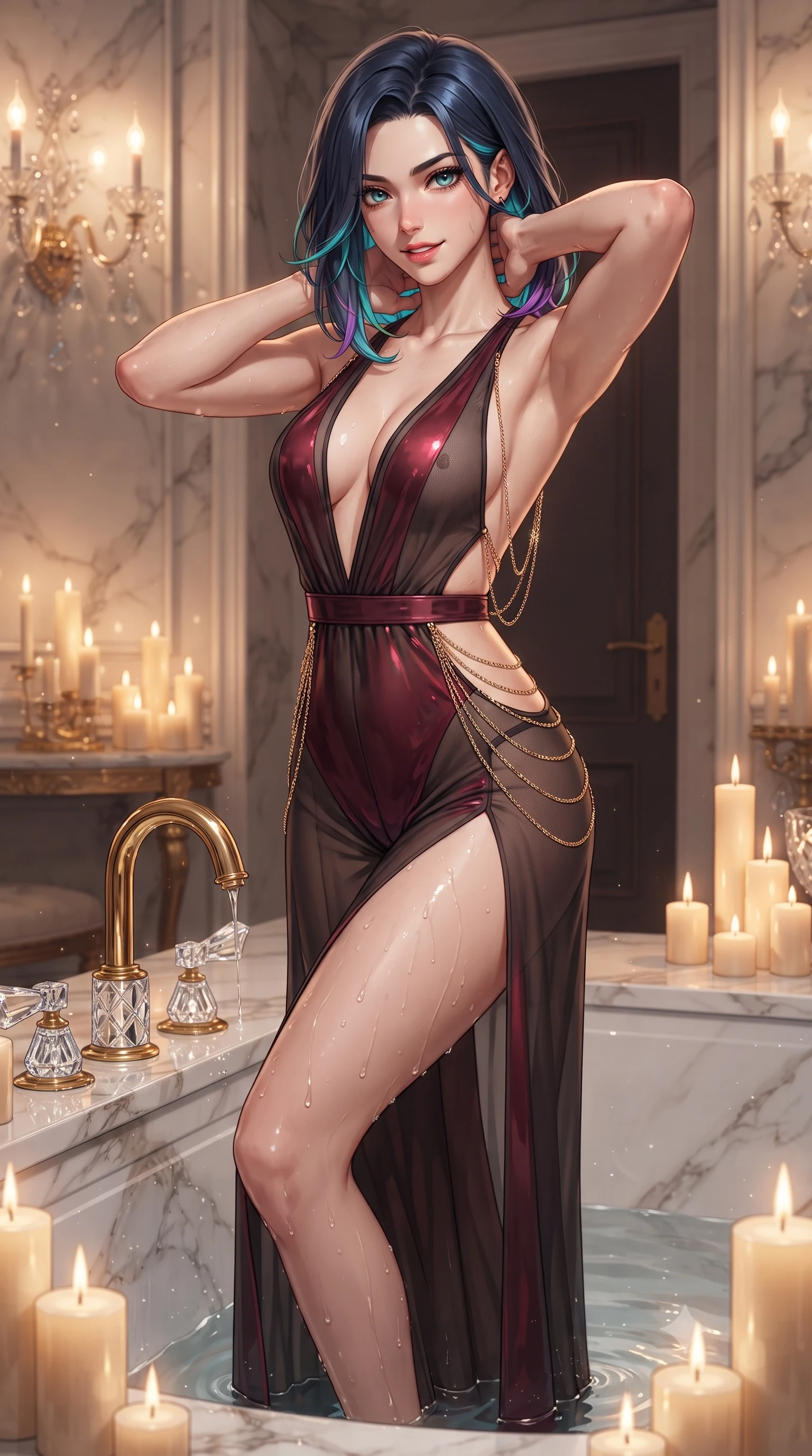 score_9, masterpiece, best quality, ultra-detailed, high-budget anime keyframe, editorial fashion photography, tasteful artistic composition, Caucasian woman. close-up cowboy shot from the waist and thighs up, the character dominates the composition, filling the frame with her large presence. resting both hands lightly behind her neck with elbows raised, arching her spine to highlight her narrow waist, flat midriff, and breathtaking collarbones while stepping out onto the heated marble floor with water glistening on her long slender limbs, casting an alluring, parted-lip smile. The surrounding environment is rendered in vivid detail and crisp panoramic clarity: sharp cut-crystal tub facet refractions, gilded swan-neck faucet details, and Calacatta marble slab veining in deep focus. She has an exceptionally elegant, slender, and willowy female figure with an ultra-slim waist, flat toned midriff, narrow ribcage, and sculpted feminine hips creating an alluring, slim hourglass silhouette without bulk. sharp v-shaped jawline, high-bridge nose, sparkling eyes with hypnotic seductive depth, thick curled eyelashes, glossy parted lips with a natural dewy peach sheen, alluring bedroom-eyes with an enchanting coquettish smile, exuding magnetic siren charisma and sophisticated glamour, flawlessly proportioned anatomical accuracy, strict slender model proportions, natural body alignment, perfectly sculpted long slender limbs, ultra-slim waistline, clean dynamic posture without body distortion. wearing a backless plunge-front silk satin jumpsuit with fluid wide-leg silhouette and side hip cutouts in rich cherry lacquer and smoky charcoal, made of semi-opaque stretch illusion mesh with soft shadowy contours, accented with an open-back drape framed by falling strands of delicate gold chains, the precision-cut side openings and low-back scoop framing her graceful spine and the sensual sweep of her slim, toned hips. bathed in the flickering warmth of dozens of luxury beeswax candles and crystal wall sconces. ultra-reflective glossy finish, specular highlights, rich textural contrasts, high-contrast stereoscopic depth, volumetric dynamic lighting, 2k, ultra detail, master piece, 9:16 ratio