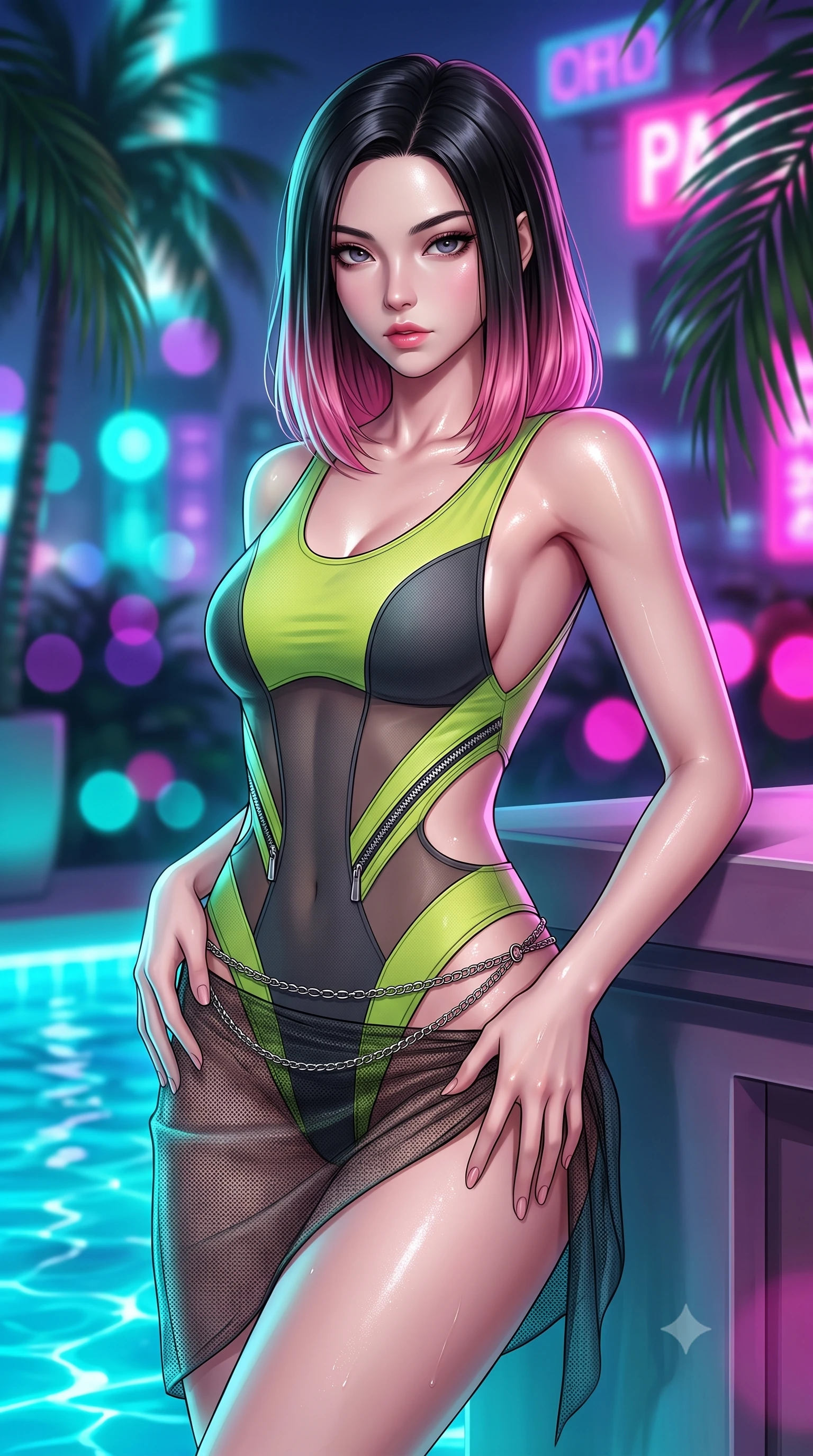 score_9, masterpiece, best quality, ultra-detailed, high-budget anime keyframe, semi-realistic 3D game render, editorial fashion photography, tasteful artistic composition, Korean woman. close-up cowboy shot from the waist and thighs up, the character dominates the composition, filling the frame with her large presence. leaning back with relaxed seductive grace, her sculpted collarbones and narrow waist highlighted as she casts smoldering bedroom-eyes directly into the camera while posing beside towering poolside palm fronds, hips dramatically thrust to one side with hands running along her waist in pure allure. The composition keeps background elements in soft focus with creamy bokeh. bioluminescent pool water ripples and neon city rooftop signs blurred into electric turquoise, violet, and hot magenta bokeh. She has an exceptionally elegant, slender, and willowy female figure with an ultra-slim waist, a gracefully sculpted slender torso, toned flat midriff, and rounded feminine hips creating an alluring hourglass silhouette. sharp v-shaped jawline, high-bridge nose, intricate jewel-like eyes with depth, thick eyelashes, glossy parted lips with a natural sheen, intensely captivating and seductive bedroom-eyes expression, flawlessly proportioned anatomical accuracy, strict slender model proportions, natural body alignment, perfectly sculpted long slender limbs, ultra-slim waistline, clean dynamic posture without body distortion. wearing a cutout cyberpunk bodysuit paired with a sheer mesh beach sarong and metallic hip chain in acid lime green and dark carbon grey, made of stretchy athletic knit with sheer mesh cutout inserts, accented with diagonal metal zippers running across the side-waist cutouts, the dramatically scooped open back descending to the base of her spine, accentuating her razor-sharp statuesque lines and curvy hourglass silhouette. illuminated by wet specular bounce lights accentuating her feminine waist-to-hip hourglass contour. highly saturated vibrant anime colors, detailed shading with soft gradients, rich glossy textures, high-contrast stereoscopic depth, volumetric dynamic lighting, master piece, 9:16 ratio