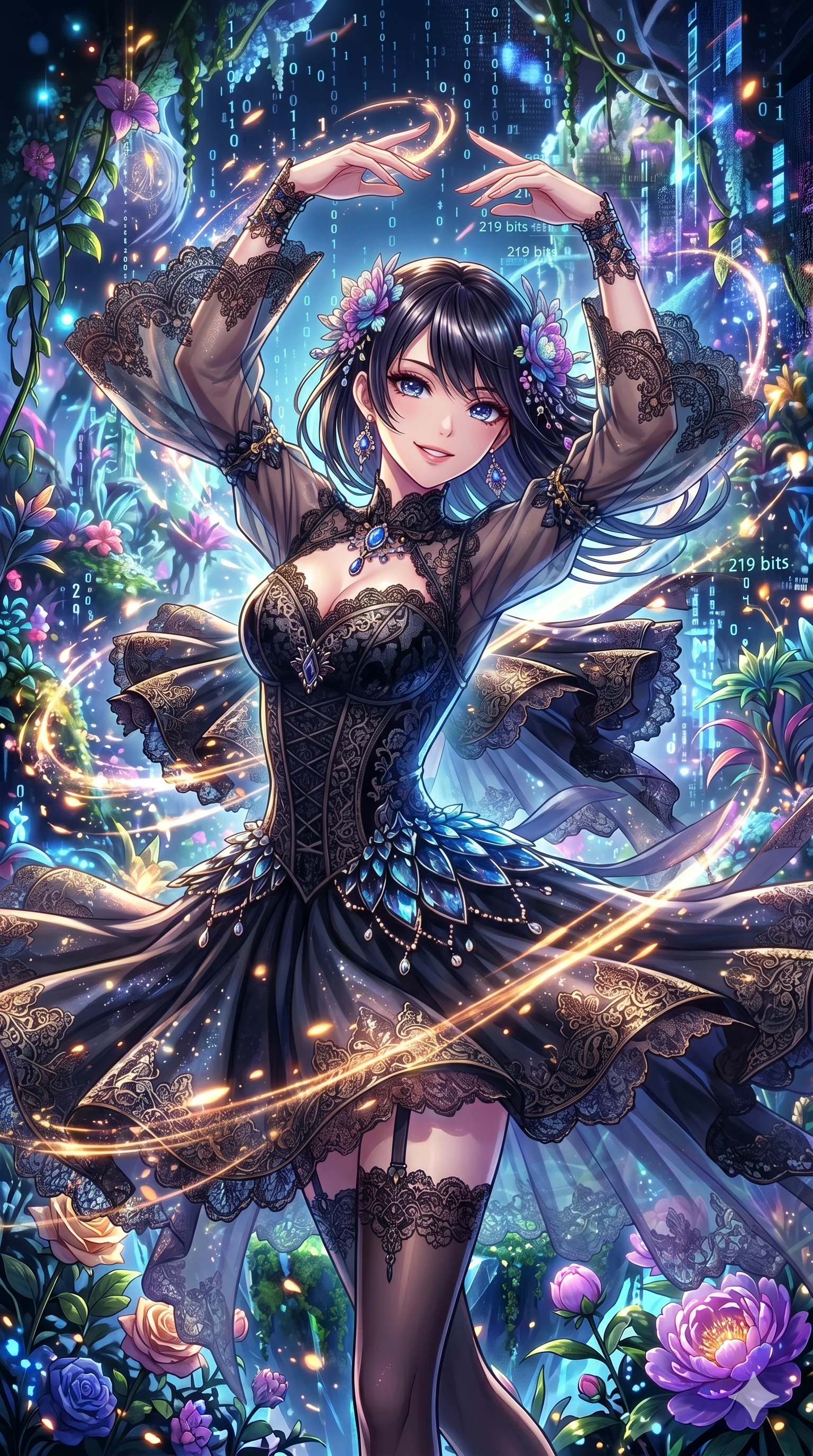 score_9, masterpiece, best quality, ultra-detailed, Set A: High-budget Anime Keyframe, Japanese woman. Upper body close-up from the thighs up, character filling the screen for maximum presence. Dancing through a floating botanical garden, while a digital blizzard of 219 bits obscures the horizon and surrounded by glowing energy sparks. She has an absolutely perfect 8-heads proportion, an exceptionally tall and slender female figure with impossibly long slender legs and an ultra-slim waist. Sharp v-shaped jawline, high-bridge nose, intricate jewel-like eyes with depth, thick eyelashes, glossy lips with a natural sheen. Wearing Gothic lace corset mini-dress with sheer bell-sleeves and obsidian glass scales. Cinematic lighting, vibrant colors, dramatic shadows, 2k, ultra detail, master piece, 9:16 ratio