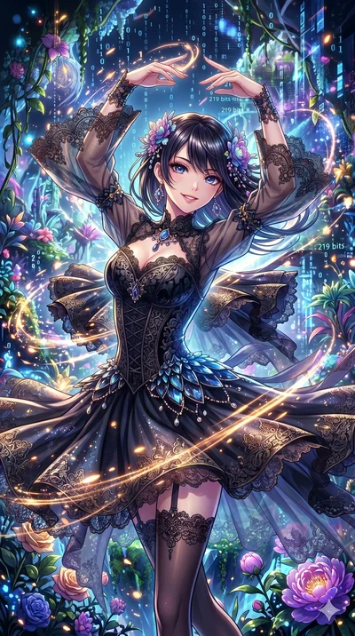 score_9, masterpiece, best quality, ultra-detailed, Set A: High-budget Anime Keyframe, Japanese woman. Upper body close-up from the thighs up, character filling the screen for maximum presence. Dancing through a floating botanical garden, while a dig