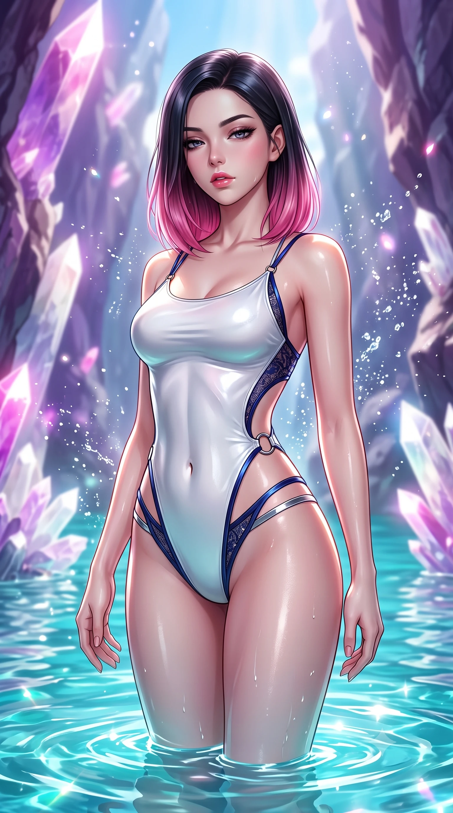 score_9, masterpiece, best quality, ultra-detailed, high-budget anime keyframe, semi-realistic 3D game render, editorial fashion photography, tasteful artistic composition, Korean woman. close-up cowboy shot from the waist and thighs up, the character dominates the composition, filling the frame with her large presence. casting a slow, smoldering gaze beneath heavy lashes with parted glossy lips, her head slightly tilted in captivating self-assurance while standing waist-deep in pure turquoise river water framed by towering amethyst and white quartz crystal canyon walls. The composition keeps background elements in soft focus with creamy bokeh. sparkling water spray droplets scattering brilliant sunlight motes across the background. She has an exceptionally elegant, slender, and willowy female figure with an ultra-slim waist, a gracefully sculpted slender torso, toned flat midriff, and a refined slim silhouette. sharp v-shaped jawline, high-bridge nose, intricate jewel-like eyes with depth, thick eyelashes, glossy lips with a natural sheen, flawlessly proportioned anatomical accuracy, strict slender model proportions, natural body alignment, perfectly sculpted long slender limbs, ultra-slim waistline, clean dynamic posture without body distortion. wearing a second-skin white liquid-mercury micro-bodysuit sculpted tightly to her slender build, featuring razor-thin metallic straps and hip cutouts in deep royal navy blue and specular chrome, crafted from delicate dark lace interwoven with luminescent micro-fibers, detailed with polished silver rings connecting the daring side-waist cutouts, the form-contouring material adhering flawlessly to her sculpted flat midriff and slender torso, emphasizing her long leg lines and perfectly proportioned willowy build. bathed in bright midday sunbeams penetrating canyon depths with glowing pink and violet crystal refractions. highly saturated vibrant anime colors, detailed shading with soft gradients, rich glossy textures, high-contrast stereoscopic depth, volumetric dynamic lighting, master piece, 9:16 ratio