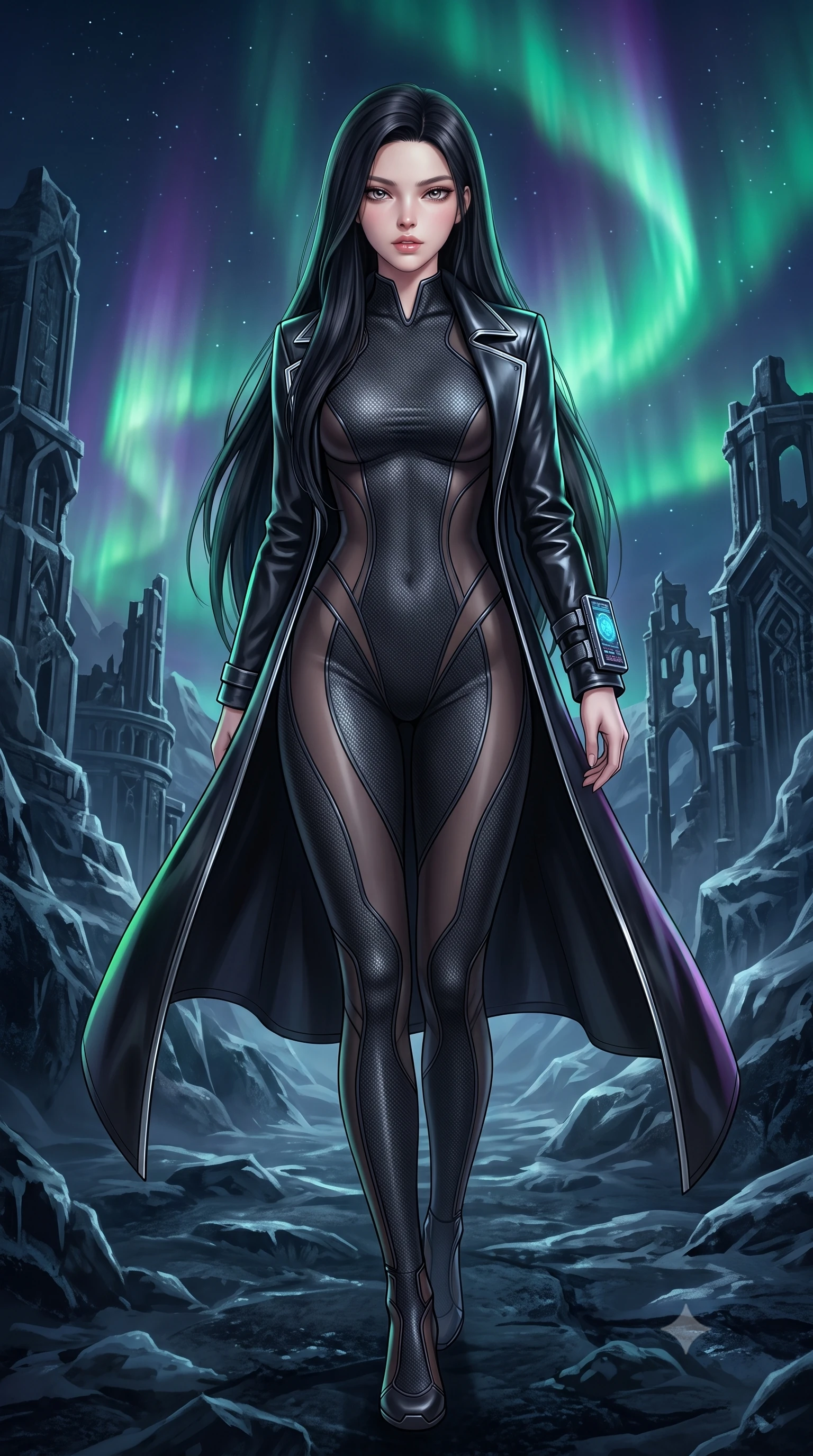 score_9, masterpiece, best quality, ultra-detailed, high-budget anime keyframe, semi-realistic 3D game render, editorial fashion photography, tasteful artistic composition, Korean woman. low angle full-body shot from head to toe showing her feet, filling the entire 9:16 vertical frame with her statuesque presence, stretching her vertical silhouette. striding forward in a proud supermodel runway stride, hips swaying in an alluring kinetic rhythm that accentuates her curvy hourglass silhouette while crouching low in a kinetic warrior stance on the ice ridge, her athletic feminine curves and sculpted glutes highlighted by aurora ribbons. The surrounding environment is rendered in vivid detail and crisp panoramic clarity. monumental high-contrast Nordic sci-fi chiaroscuro and mythic glacial architecture in precision. She has an absolutely perfect, statuesque 8.5-heads proportion, an exceptionally tall and slender model-like female figure with impossibly long slender legs, a toned flat midriff, an ultra-slim waist, and beautifully sculpted feminine hips. sharp v-shaped jawline, high-bridge nose, intricate jewel-like eyes with depth, thick eyelashes, glossy parted lips with a natural sheen, intensely captivating and seductive bedroom-eyes expression, flawlessly proportioned anatomical accuracy, strict slender model proportions, natural body alignment, perfectly sculpted long slender limbs, ultra-slim waistline, clean dynamic posture without body distortion. wearing a second-skin dark carbon-weave infiltration catsuit paired with a tailored long leather trench coat in pitch-black vinyl and specular chrome trim, made of sheer contouring power-mesh panels with anatomical curve lines, equipped with a wrist-mounted miniature holographic display terminal, the precision-cut side openings and low-back scoop framing her graceful spine and the sensual sweep of her hips. bathed in vibrant emerald and violet aurora backlighting from the polar sky. highly saturated vibrant anime colors, detailed shading with soft gradients, rich glossy textures, high-contrast stereoscopic depth, volumetric dynamic lighting, master piece, 9:16 ratio