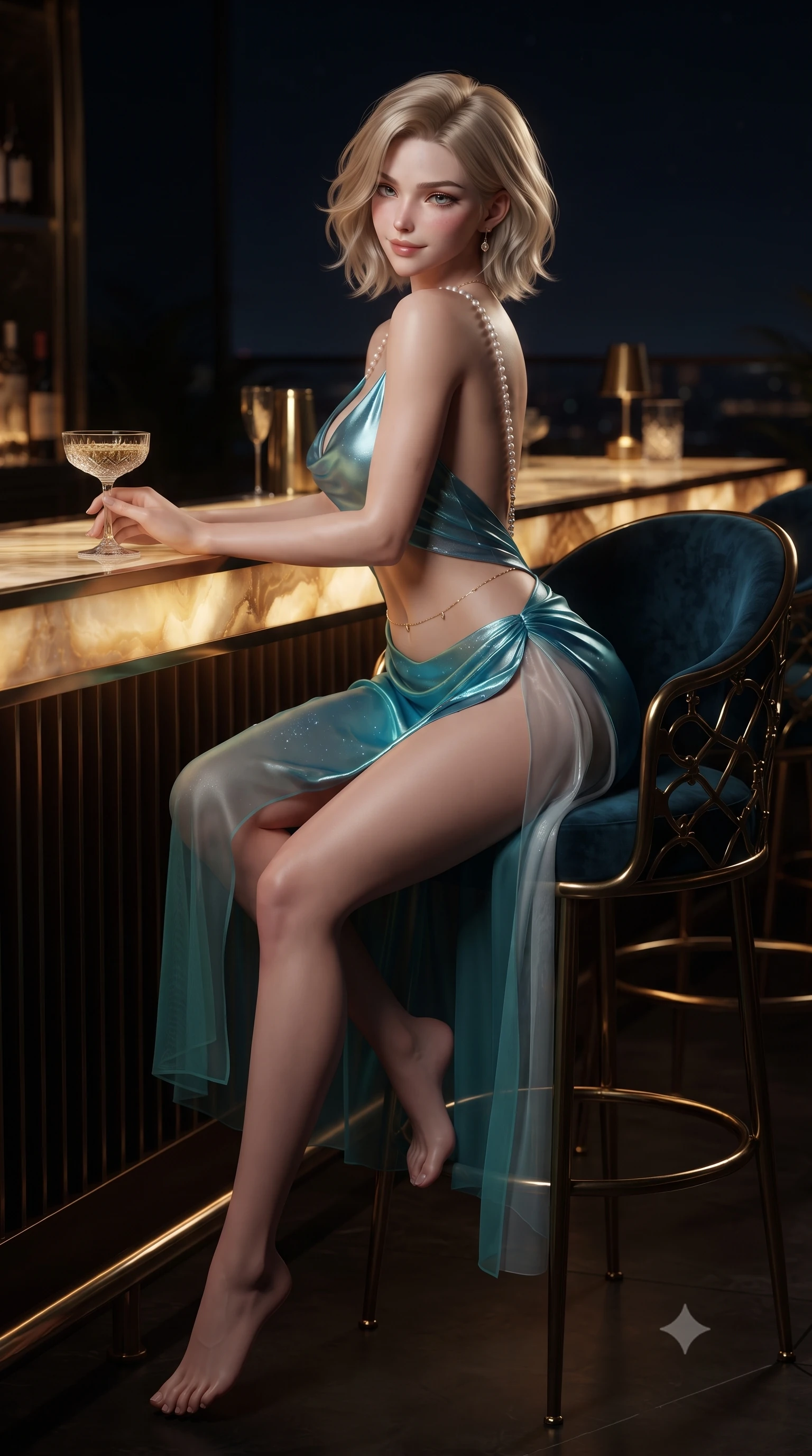score_9, masterpiece, best quality, ultra-detailed, high-budget anime keyframe, editorial fashion photography, tasteful artistic composition, Caucasian woman. low angle full-body shot from head to toe showing her feet, filling the entire 9:16 vertical frame with her statuesque presence, stretching her vertical silhouette. walking along the terrace with poise, looking back over her bare shoulder with an irresistible smoldering bedroom-gaze while perched sideways on the high brass-and-velvet bar stool with legs crossed, arching her lower back to accentuate her curvy hips as she swirls a champagne cocktail. The surrounding environment is rendered in vivid detail and crisp panoramic clarity: sharp brushed brass sunburst grilles, backlit honey onyx counter texture, and cut-crystal glass facets in deep focus. She has an absolutely perfect, statuesque 8.5-heads proportion, an exceptionally tall and slender model-like female figure with impossibly long slender legs, an ultra-slim waist, a flat toned midriff, narrow delicate ribcage, and beautifully sculpted feminine hips creating a graceful, slim hourglass silhouette without any bulky heaviness. sharp v-shaped jawline, high-bridge nose, sparkling eyes with hypnotic seductive depth, thick curled eyelashes, glossy parted lips with a natural dewy peach sheen, alluring bedroom-eyes with an enchanting coquettish smile, exuding magnetic siren charisma and sophisticated glamour, flawlessly proportioned anatomical accuracy, strict slender model proportions, natural body alignment, perfectly sculpted long slender limbs, ultra-slim waistline, clean dynamic posture without body distortion. wearing a plunging cowl-neck liquid silk satin sarong slip dress with daring hip-high double slits and pearl shoulder straps in bioluminescent neon teal and starlight silver, made of sheer gossamer chiffon that drapes softly against skin with airy translucence, accented with a dainty gold belly chain resting across her flat midriff and curving hips, the liquid-tight tailored fabric clinging flawlessly to her narrow waist and rounded feminine hips, emphasizing every millimeter of her sculpted slim hourglass curves without any bulky heaviness. illuminated by polished bar surface bounce and sharp molten-gold rim lights sculpting her jawline, flat midriff, and voluptuous hip curves. ultra-reflective glossy finish, specular highlights, rich textural contrasts, high-contrast stereoscopic depth, volumetric dynamic lighting, 2k, ultra detail, master piece, 9:16 ratio