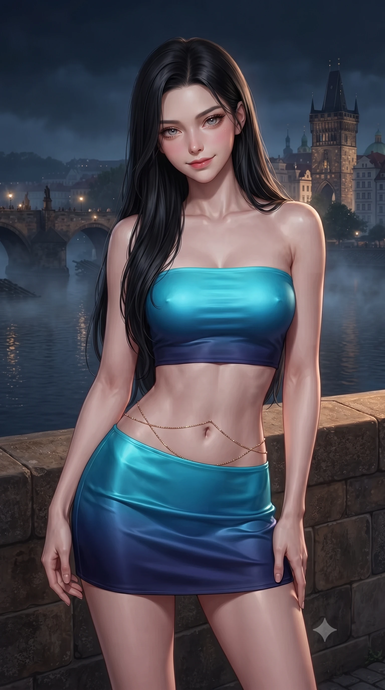 score_9, masterpiece, best quality, ultra-detailed, high-budget anime keyframe, editorial fashion photography, tasteful artistic composition, Korean woman. close-up cowboy shot from the waist and thighs up, the character dominates the composition, filling the frame with her large presence. tilting her head with a teasing half-smile, running one hand slowly down the side of her hip in a flirtatious S-curve as ambient light caresses her silhouette while standing poised on the weathered sandstone rampart balcony high above the Charles Bridge, arching her spine with queenly diva charisma as nocturnal mist curls over the black Vltava river. The background shows a soft-focus curling nocturnal river fog softened in medieval gothic European capital shallow focus. She has an exceptionally elegant, slender, and willowy female figure with an ultra-slim waist, flat toned midriff, narrow ribcage, and sculpted feminine hips creating an alluring, slim hourglass silhouette without bulk. sharp v-shaped jawline, high-bridge nose, intricate jewel-like sparkling eyes with depth, thick eyelashes, glossy parted lips with a natural peach sheen, bright cheerful beaming smile with an enchanting and coquettish sensual glint, exuding both youthful cute charm and seductive allure, flawlessly proportioned anatomical accuracy, strict slender model proportions, natural body alignment, perfectly sculpted long slender limbs, ultra-slim waistline, clean dynamic posture without body distortion. wearing an ultra-cropped fitted bandeau top paired with a micro mini tennis skirt revealing her flat toned midriff in Maldivian bioluminescent electric cyan and midnight indigo, crafted from fluid liquid silk satin that clings smoothly to her narrow waist and rounded hips with a dewy sheen, accented with a dainty gold belly chain resting across her flat midriff and curving hips, the glove-like clinging cut tightly following the natural contour of her hips and long slender legs with youthful 8.5-heads elegance. illuminated by stone wall bounce fill and sharp copper-gold rim lights defining her dewy collarbones, ultra-slim waist, and curvy hips. ultra-reflective glossy finish, specular highlights, rich textural contrasts, high-contrast stereoscopic depth, volumetric dynamic lighting, 2k, ultra detail, master piece, 9:16 ratio
