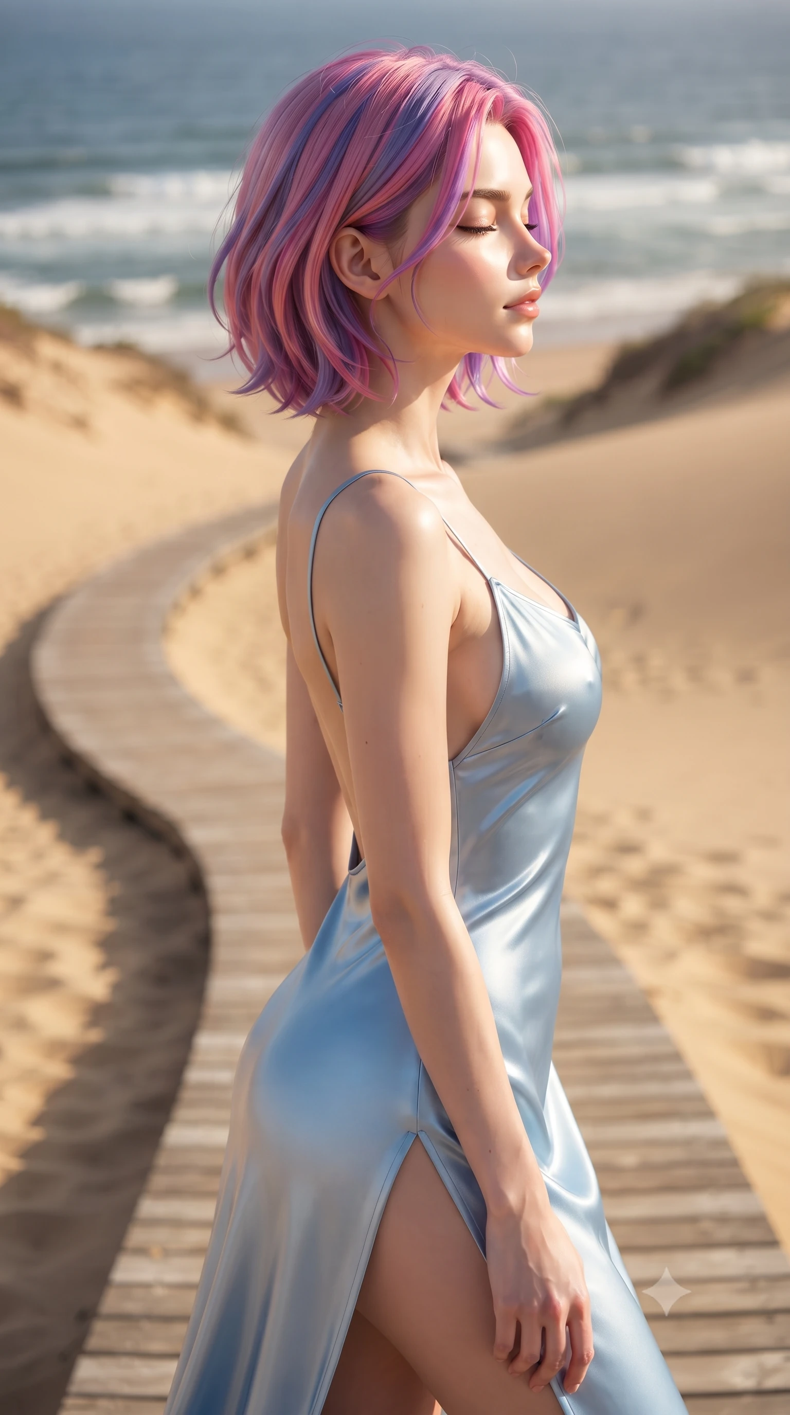 score_9, masterpiece, best quality, ultra-detailed, high-budget anime keyframe, editorial fashion photography, tasteful artistic composition, Caucasian woman woman. close-up cowboy shot from the waist and thighs up, the character dominates the composition, filling the frame with her large presence, background elements kept in soft focus. turning her face in profile to catch the warm sunlight on her cheek, eyes softly closed the background shows a soft-focus a wooden boardwalk winding through massive sand dunes with ocean waves in soft focus. She has an exceptionally elegant, slender, and willowy female figure with an ultra-slim waist, a gracefully sculpted slender torso, and a refined silhouette. sharp v-shaped jawline, high-bridge nose, intricate jewel-like eyes with depth, thick eyelashes, glossy lips with a natural sheen. wearing a tailored lightweight silk slip dress in baby blue with a high side slit and a low-cut back. bright midday sunbeams coloring the sands in clean golden hues. ultra-reflective glossy finish, specular highlights, metallic sheen, high-contrast stereoscopic depth, volumetric dynamic lighting, 2k, ultra detail, master piece, 9:16 ratio