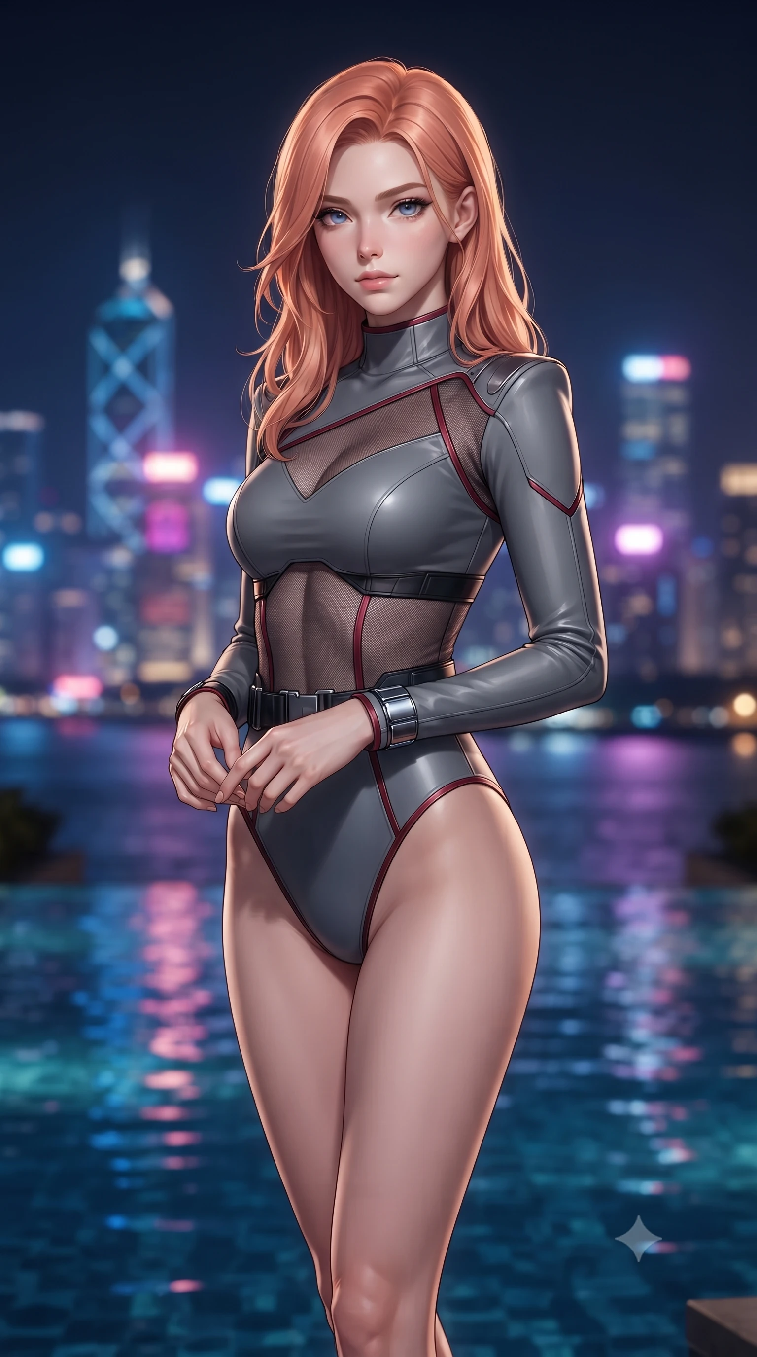 score_9, masterpiece, best quality, ultra-detailed, high-budget anime keyframe, editorial fashion photography, tasteful artistic composition, Japanese woman. close-up cowboy shot from the waist and thighs up, the character dominates the composition, filling the frame with her large presence. holding her hands loosely in front with regal, aristocratic poise, radiating an overwhelming high-society aura while pivoting gracefully beside an infinity pool as midnight city lights shimmer across the water's surface. The composition keeps background elements in soft focus with creamy bokeh. dazzling skyscraper metropolis light clusters and starry night skies blurred into deep sapphire, magenta, and gold bokeh. She has an exceptionally elegant, slender, and willowy female figure with an ultra-slim waist, a gracefully sculpted slender torso, toned flat midriff, and a refined slim silhouette. sharp v-shaped jawline, high-bridge nose, intricate jewel-like eyes with depth, thick eyelashes, glossy lips with a natural sheen, captivating and magnetic expression, flawlessly proportioned anatomical accuracy, strict slender model proportions, natural body alignment, perfectly sculpted long slender limbs, ultra-slim waistline, clean dynamic posture without body distortion. wearing a sharp asymmetrical spy bodysuit with sheer contouring mesh panels, reinforced strike shoulders, and utility waist harness in storm grey and dark scarlet trim, made of high-mobility liquid jersey and semi-opaque reinforced mesh, accented with concealed lockpick wristbands and polished dark chrome hardware, the liquid-tight tailored fabric emphasizing every curve of her tall, slender model proportions and sculptured silhouette during dynamic movement. illuminated by crisp directional edge lights sharply sculpting her slender waist and long slender legs. ultra-reflective glossy finish, specular highlights, rich textural contrasts, high-contrast stereoscopic depth, volumetric dynamic lighting, 2k, ultra detail, master piece, 9:16 ratio