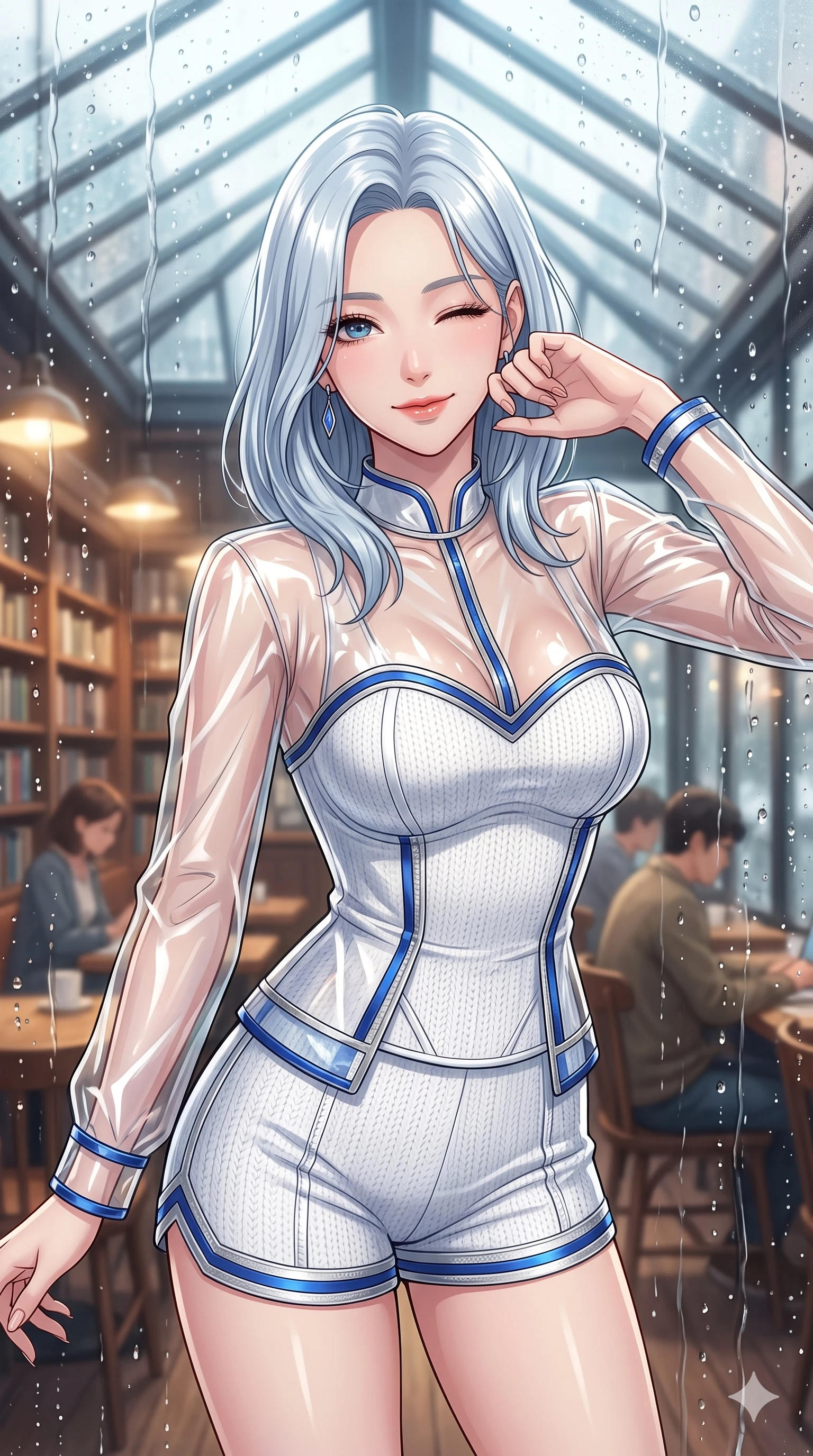score_9, masterpiece, best quality, ultra-detailed, high-budget anime keyframe, vibrant anime aesthetic, Korean woman. close-up cowboy shot from the waist and thighs up, the character dominates the composition, filling the frame with her large presence, background elements kept in soft focus. She is peering through a rain-streaked window, winking with a playful grin, gazing softly at the camera lens with a lively, expressive stance. the background shows a soft-focus cozy bookstore cafe with warm reading lights, facing a glass wall covered in fresh rain droplets (Code-P22-148). She has an absolutely perfect proportion, an exceptionally elegant and slender female figure with an ultra-slim waist. V-shaped jawline, high-bridge nose, intricate jewel-like eyes with depth, thick eyelashes, glossy lips with a natural sheen. wearing a translucent patent-gloss top over a white textured knit structured bodice and knit shorts in sapphire blue and silver trim. She is drenched in soft daylight filtering through rain-streaked glass panels, highlighting her V-shaped jawline inside the retro conservatory cafe. 2k, ultra detail, master piece, 9:16 ratio