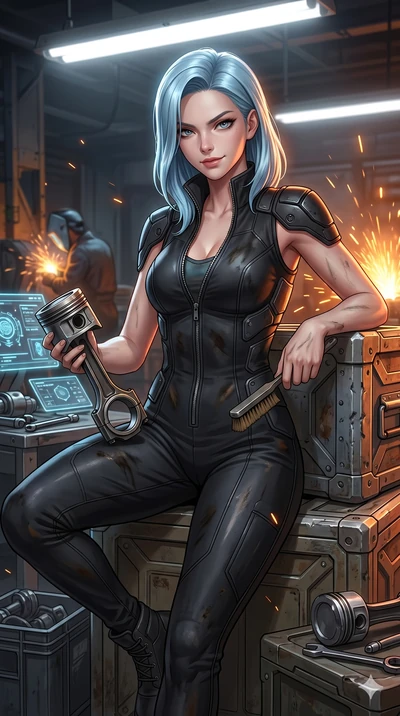 score_9, masterpiece, best quality, ultra-detailed, high-budget anime keyframe, semi-realistic 3D game render, Korean woman. Upper body close-up from the thighs up, character filling the screen for maximum presence. Resting on a metal crate in a high