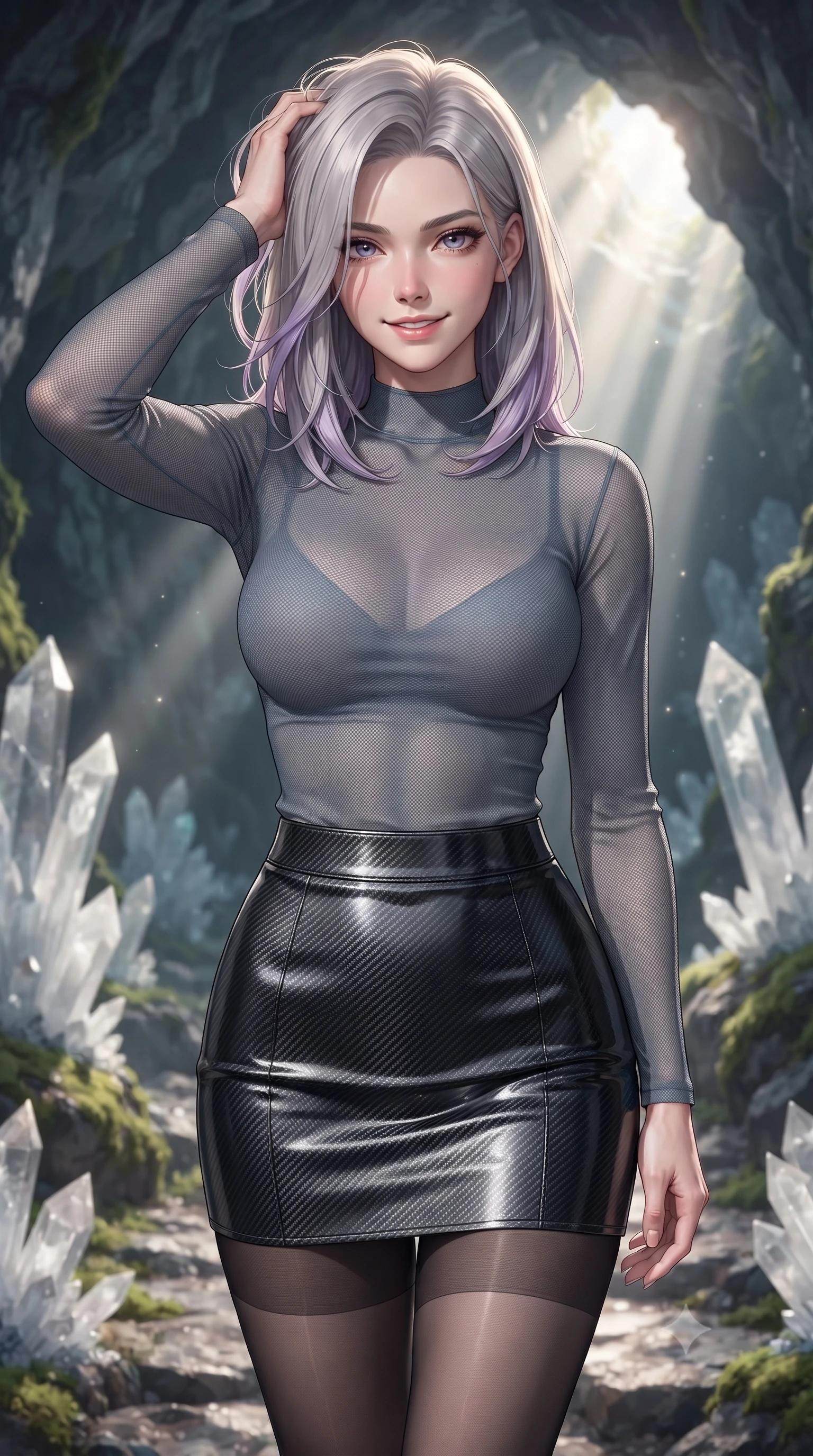 score_9, masterpiece, best quality, ultra-detailed, high-budget anime keyframe, editorial fashion photography, tasteful artistic composition, Caucasian woman. close-up cowboy shot from the waist and thighs up, the character dominates the composition, filling the frame with her large presence, background elements kept in soft focus. slowly running a hand through her hair, smiling with quiet, magnetic self-assurance directly into the camera, the background shows a soft-focus a cavern crystal path bordered by sharp quartz formations and moss. She has an exceptionally elegant, slender, and willowy female figure with an ultra-slim waist, a gracefully sculpted slender torso, and a refined silhouette. sharp v-shaped jawline, high-bridge nose, intricate jewel-like eyes with depth, thick eyelashes, glossy lips with a natural sheen. wearing a body-hugging semi-transparent mesh top in slate grey, paired with a carbon-fiber mini skirt and sheer stockings. stark afternoon sunbeams slicing through a cave opening, creating sharp shadows. ultra-reflective glossy finish, specular highlights, metallic sheen, high-contrast stereoscopic depth, volumetric dynamic lighting, 2k, ultra detail, master piece, 9:16 ratio