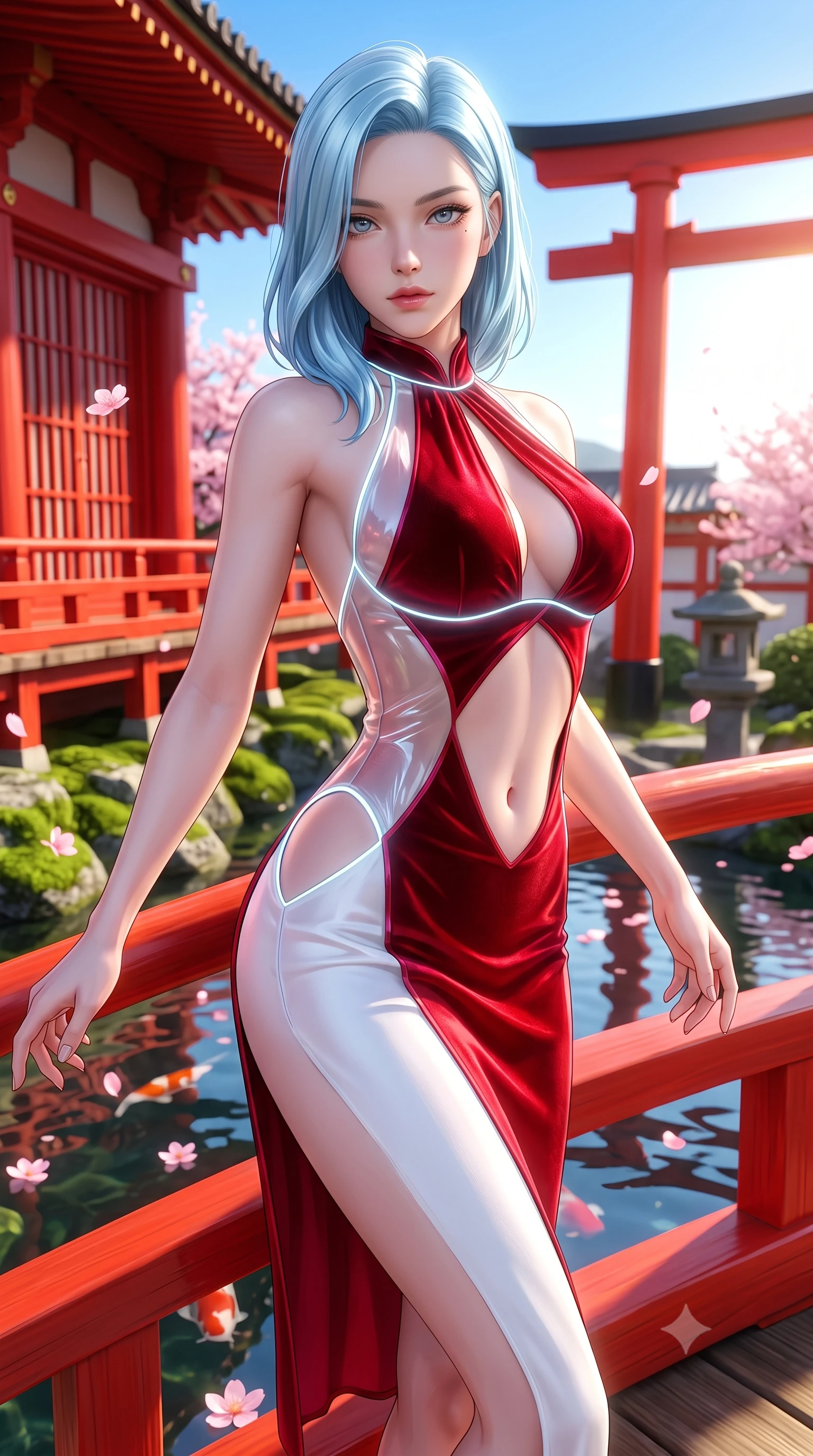 score_9, masterpiece, best quality, ultra-detailed, high-budget anime keyframe, semi-realistic 3D game render, editorial fashion photography, tasteful artistic composition, Korean woman. close-up cowboy shot from the waist and thighs up, the character dominates the composition, filling the frame with her large presence. gazing directly into the lens with bedroom eyes and a breathtaking, dangerous allure that commands the entire composition while pivoting dynamically on a vermilion bridge over a mirror-like koi pond as pink cherry blossoms float past. The surrounding environment is rendered in vivid detail and crisp panoramic clarity. vibrant contrast between rich scarlet architecture, lush green moss, and clear blue sky in panoramic sharpness. She has an exceptionally elegant, slender, and willowy female figure with an ultra-slim waist, a gracefully sculpted slender torso, toned flat midriff, and a refined slim silhouette. sharp v-shaped jawline, high-bridge nose, intricate jewel-like eyes with depth, thick eyelashes, glossy lips with a natural sheen, flawlessly proportioned anatomical accuracy, strict slender model proportions, natural body alignment, perfectly sculpted long slender limbs, ultra-slim waistline, clean dynamic posture without body distortion. wearing a velvet halter-neck midi dress fitting her statuesque contour flawlessly with a Tasteful chest slit and open spine in radiant crimson silk and crisp snow white, tailored from semi-translucent cybernetic vinyl with glowing micro-filaments, accented with glowing fiber-optic seams tracing her collarbones and hip curves, the precision-cut daring openings accentuating her delicate midriff, graceful bare collarbones, and ultra-slim feminine waistline. bathed in bright morning sunlight and vibrant scarlet torii gate backlighting. highly saturated vibrant anime colors, detailed shading with soft gradients, rich glossy textures, high-contrast stereoscopic depth, volumetric dynamic lighting, master piece, 9:16 ratio