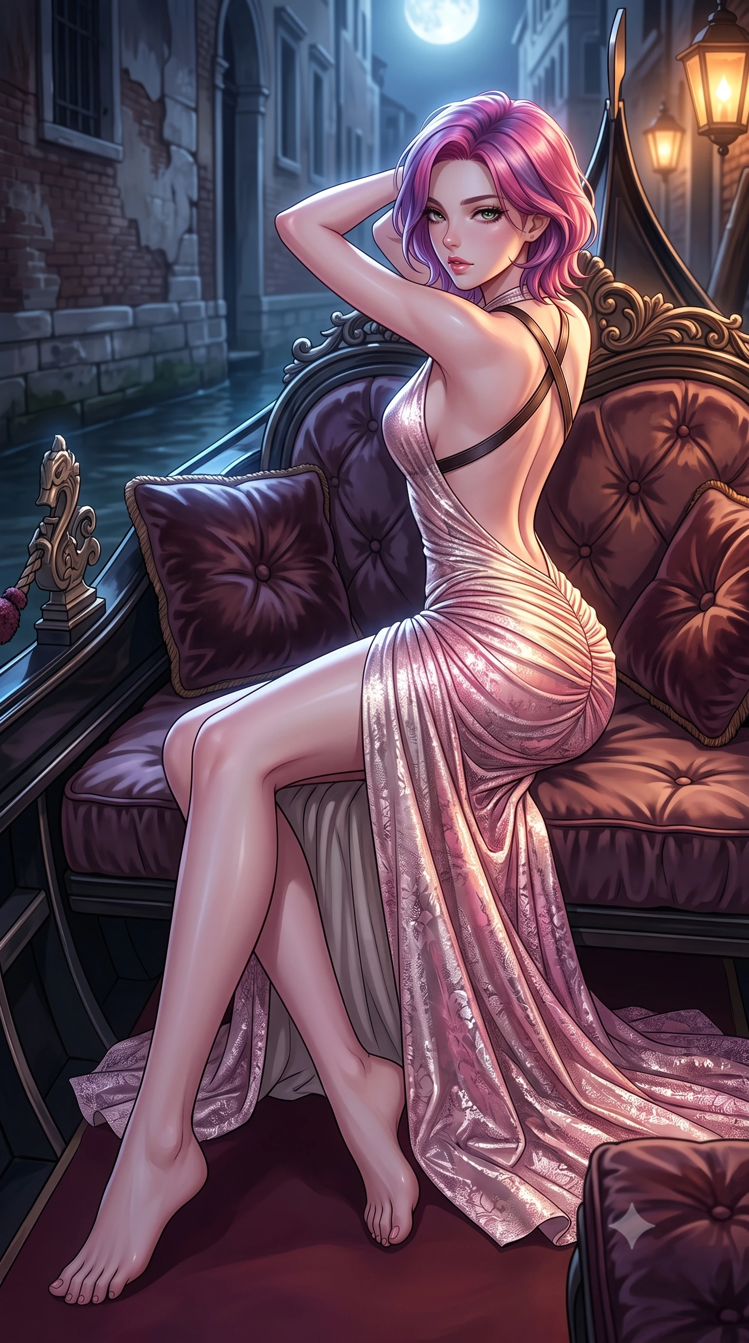 score_9, masterpiece, best quality, ultra-detailed, high-budget anime keyframe, semi-realistic 3D game render, editorial fashion photography, tasteful artistic composition, Caucasian woman. low angle full-body shot from head to toe showing her feet, filling the entire 9:16 vertical frame with her statuesque presence, stretching her vertical silhouette. executing an elegant mid-motion pivot turn as garments swirl around her slender limbs, glancing over her shoulder with an intoxicating bedroom-gaze while stretching languidly on the gondola daybed with hands raised behind her head, parted glossy lips reflecting flickering lantern glow. The surrounding environment is rendered in vivid detail and crisp panoramic clarity. sharp carved baroque gondola prow details, velvet cushion tufting, and damp marble masonry in deep focus. She has an exceptionally tall and slender model-like 8.5-heads proportion, an ultra-slim waist, a flat toned midriff, narrow delicate ribcage, and beautifully sculpted feminine hips creating a graceful, slim hourglass silhouette without any bulky heaviness, with impossibly long slender legs. sharp v-shaped jawline, high-bridge nose, intricate jewel-like eyes with depth, thick eyelashes, glossy parted lips with a natural sheen, intensely captivating and seductive bedroom-eyes expression, flawlessly proportioned anatomical accuracy, strict slender model proportions, natural body alignment, perfectly sculpted long slender limbs, ultra-slim waistline, clean dynamic posture without body distortion. wearing a plunging halter-neck metallic lamé column dress with a dramatic bare spine and hip-defining ruching in sakura blossom pink and warm ivory, formed from shimmering floral lace over smooth opaque silk lining, featuring an open-back criss-cross harness strap in dark leather, the dramatically scooped open back descending to the base of her spine, accentuating her razor-sharp statuesque lines and slim hourglass silhouette. bathed in cool silver full-moon light streaming from above and warm amber gondola lantern uplights. highly saturated vibrant anime colors, detailed shading with soft gradients, rich glossy textures, high-contrast stereoscopic depth, volumetric dynamic lighting, master piece, 9:16 ratio