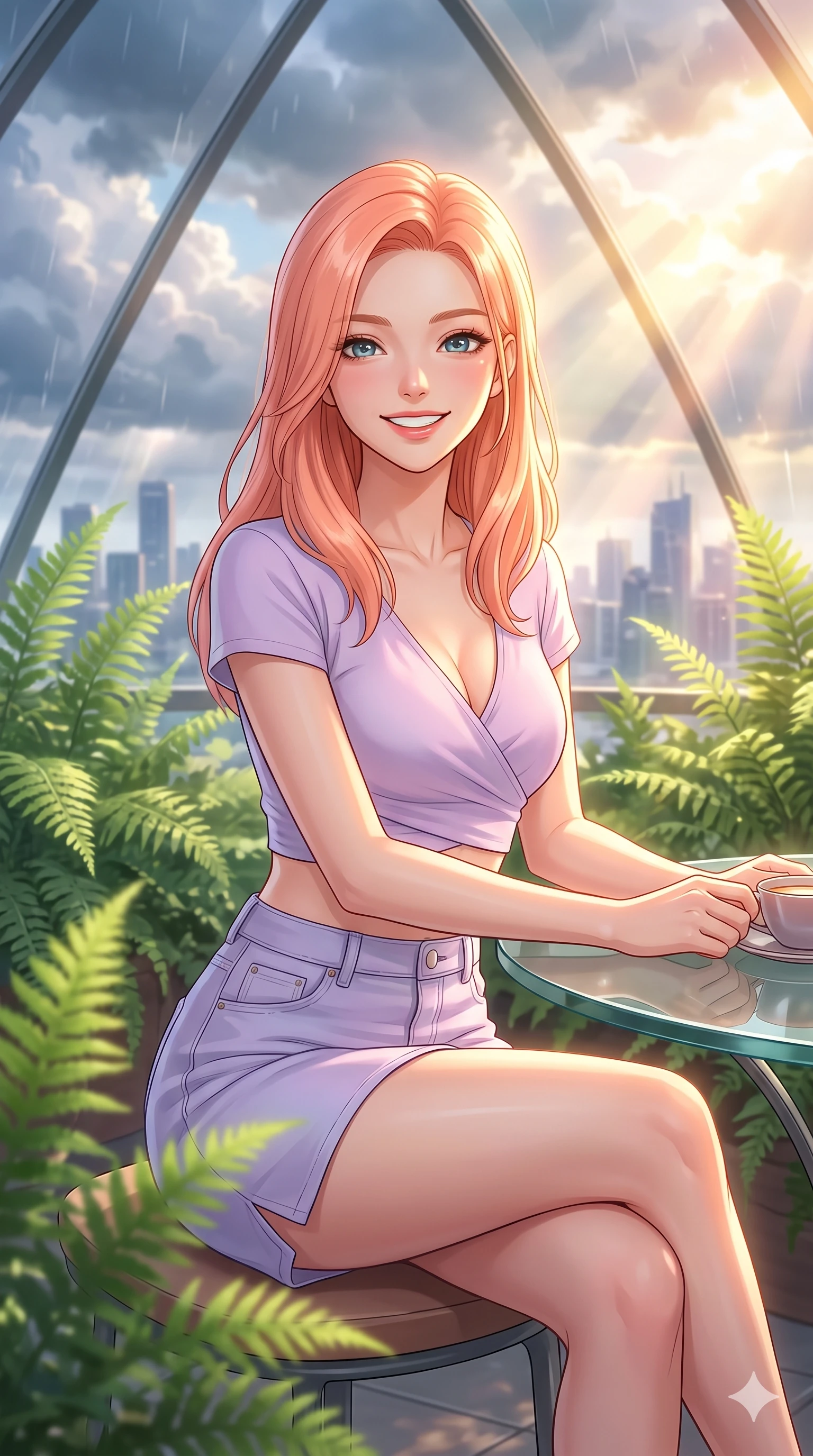 score_9, masterpiece, best quality, ultra-detailed, high-budget anime keyframe, vibrant anime aesthetic, Japanese woman. close-up cowboy shot from the waist and thighs up, the character dominates the composition, filling the frame with her large presence, background elements kept in soft focus. She is sitting by a glass greenhouse table, smiling warmly at the camera, her eyes shining with genuine joy standing amidst vibrant green ferns. inside a luxury penthouse conservatory with a panoramic glass wall showing rain clouds parting for a golden sunset (Code-P22-090). She has an absolutely perfect proportion, an exceptionally elegant and slender female figure with an ultra-slim waist. V-shaped jawline, high-bridge nose, intricate jewel-like eyes with depth, thick eyelashes, glossy lips with a natural sheen. wearing a cropped wrap top and a matching denim skirt with a refined side vent in pastel lavender. She is bathed in brilliant midday sunbeams breaking through storm clouds, creating a glowing aura, creating a cinematic, high-budget anime lighting effect inside the glass pavilion. 2k, ultra detail, master piece, 9:16 ratio