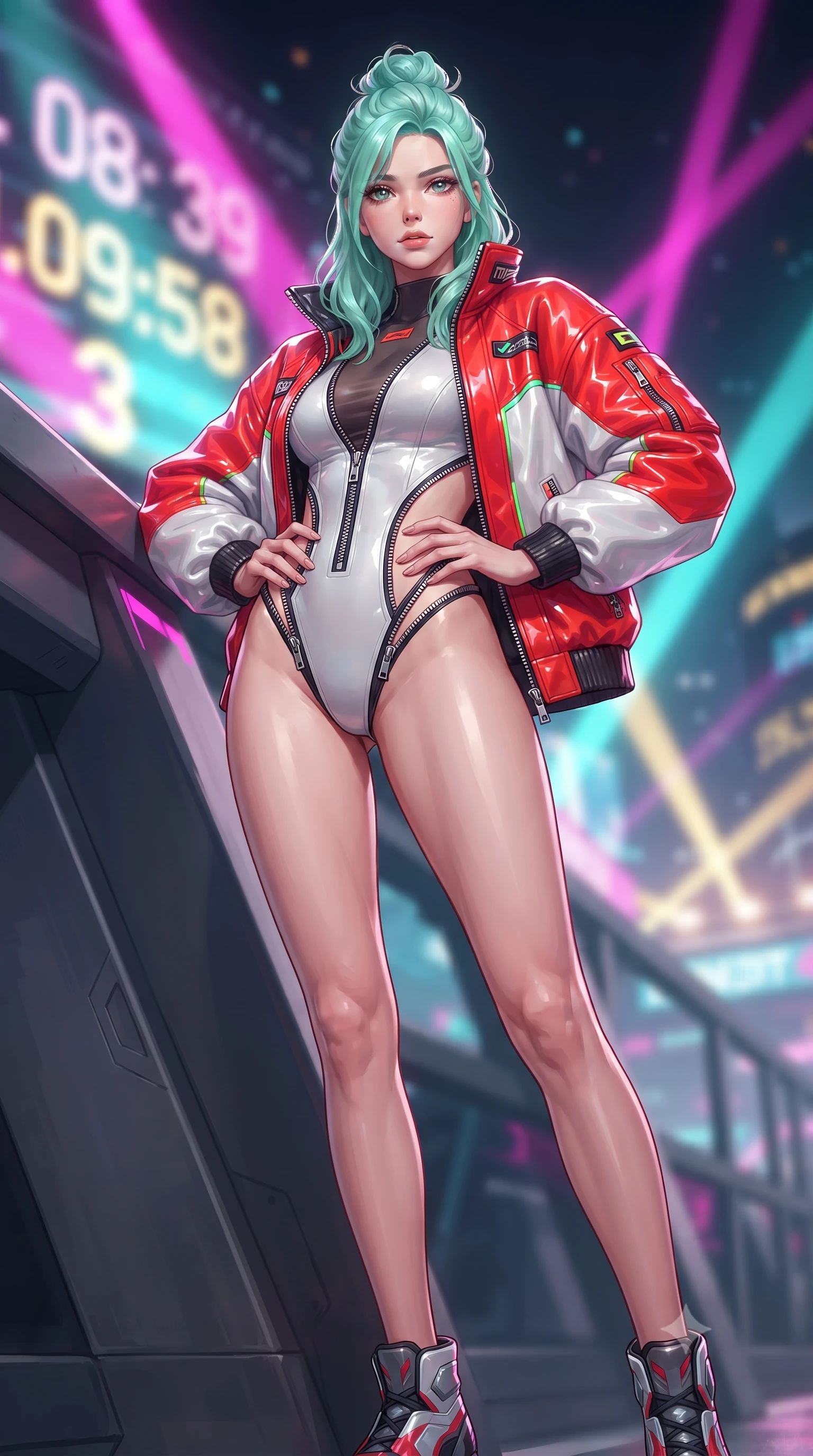 score_9, masterpiece, best quality, ultra-detailed, high-budget anime keyframe, editorial fashion photography, tasteful artistic composition, Japanese woman. low angle full-body shot from head to toe showing her feet, filling the entire 9:16 vertical frame with her statuesque presence, stretching her vertical silhouette. leaning deep against the structural architecture with hips cocked in an unapologetically bold, seductive high-fashion stance while twisting her athletic torso in an alluring S-curve while resting both hands on her hips, looking past the camera with fearless allure. The composition keeps background elements in soft focus with creamy bokeh. giant LED jumbotron race countdown graphics and sweeping searchlights blurred into electric magenta, turquoise, and gold bokeh. She has an absolutely perfect, statuesque 8.5-heads proportion, an exceptionally tall and slender model-like female figure with impossibly long slender legs, a toned flat midriff, and an ultra-slim waist. sharp v-shaped jawline, high-bridge nose, intricate jewel-like eyes with depth, thick eyelashes, glossy parted lips with a natural sheen, intensely captivating and seductive expression, flawlessly proportioned anatomical accuracy, strict slender model proportions, natural body alignment, perfectly sculpted long slender limbs, ultra-slim waistline, clean dynamic posture without body distortion. wearing a cutout cyber-racing leotard layered with an oversized neon-accented paddock bomber jacket in bright racing scarlet red and glossy white, made of durable ripstop technical nylon with metallic zipper teeth, accented with diagonal metal zippers running across the side-waist cutouts, the glove-like aerodynamic second-skin fit tightly clinging to her ultra-slender waist and athletic curves without adding bulk, accentuating her razor-sharp statuesque lines and slim hourglass silhouette. surrounded by an adrenaline-fueled, audacious, and wildly charismatic drift idol aura. ultra-reflective glossy finish, specular highlights, rich textural contrasts, high-contrast stereoscopic depth, volumetric dynamic lighting, 2k, ultra detail, master piece, 9:16 ratio