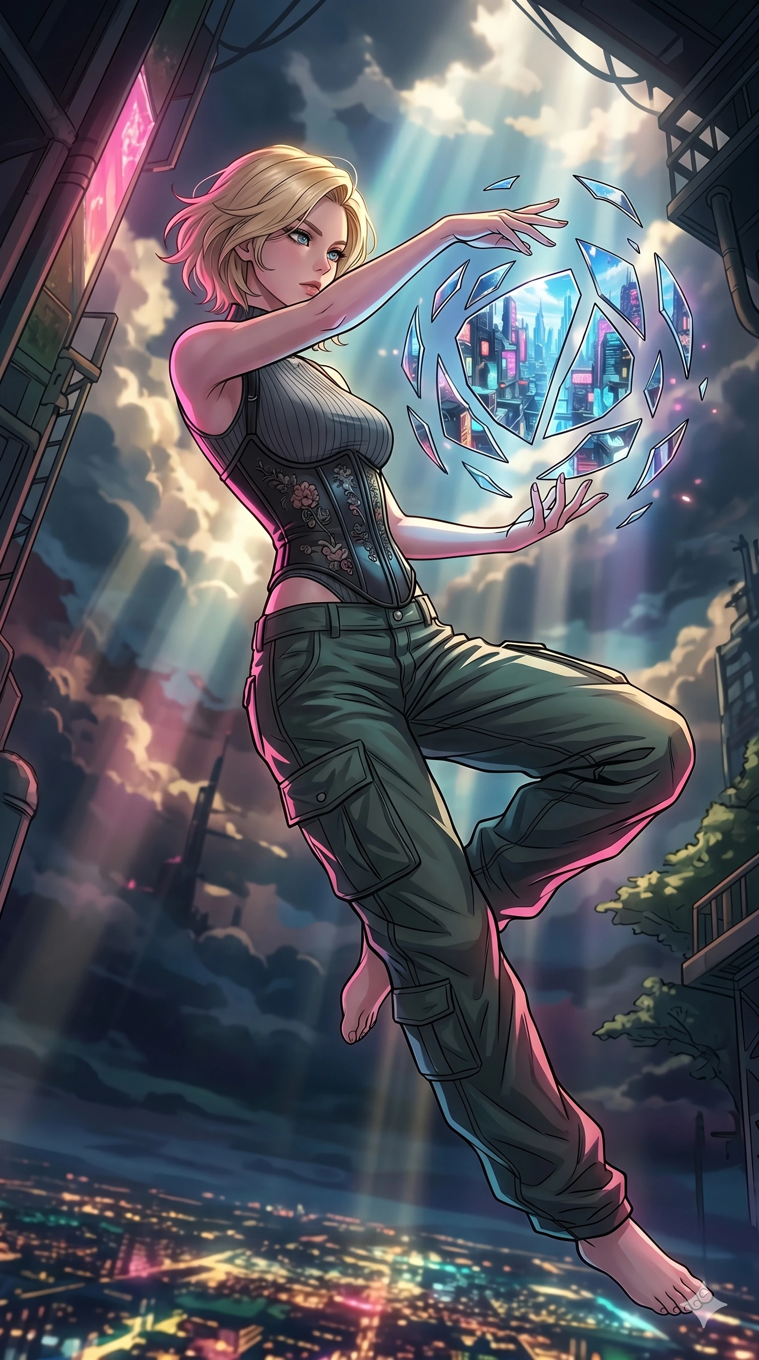 score_9, masterpiece, best quality, ultra-detailed, high-budget anime movie keyframe, cinematic anime lighting, intricate line art, Japanese woman. Mid-air action shot capturing a graceful twist and vertical silhouette. manipulating the reflections in a mirror to show the future. She has an absolutely perfect 8-heads proportion, an exceptionally tall and slender female figure with graceful and slender proportions. strictly human anatomy, two legs only, no extra limbs, clearly defined legs and arms, perfect anatomy, perfect hands and fingers. sharp v-shaped jawline, high-bridge nose, intricate jewel-like eyes, thick eyelashes, glossy lips. Wearing Urban Trendsetter: Ribbed bodycon dress, crop top with high-waist denim, and elegant corset with cargo pants. The scene is illuminated by dramatic atmospheric lighting and vibrant color palettes. , 2k, ultra detail, master piece, 9:16 ratio