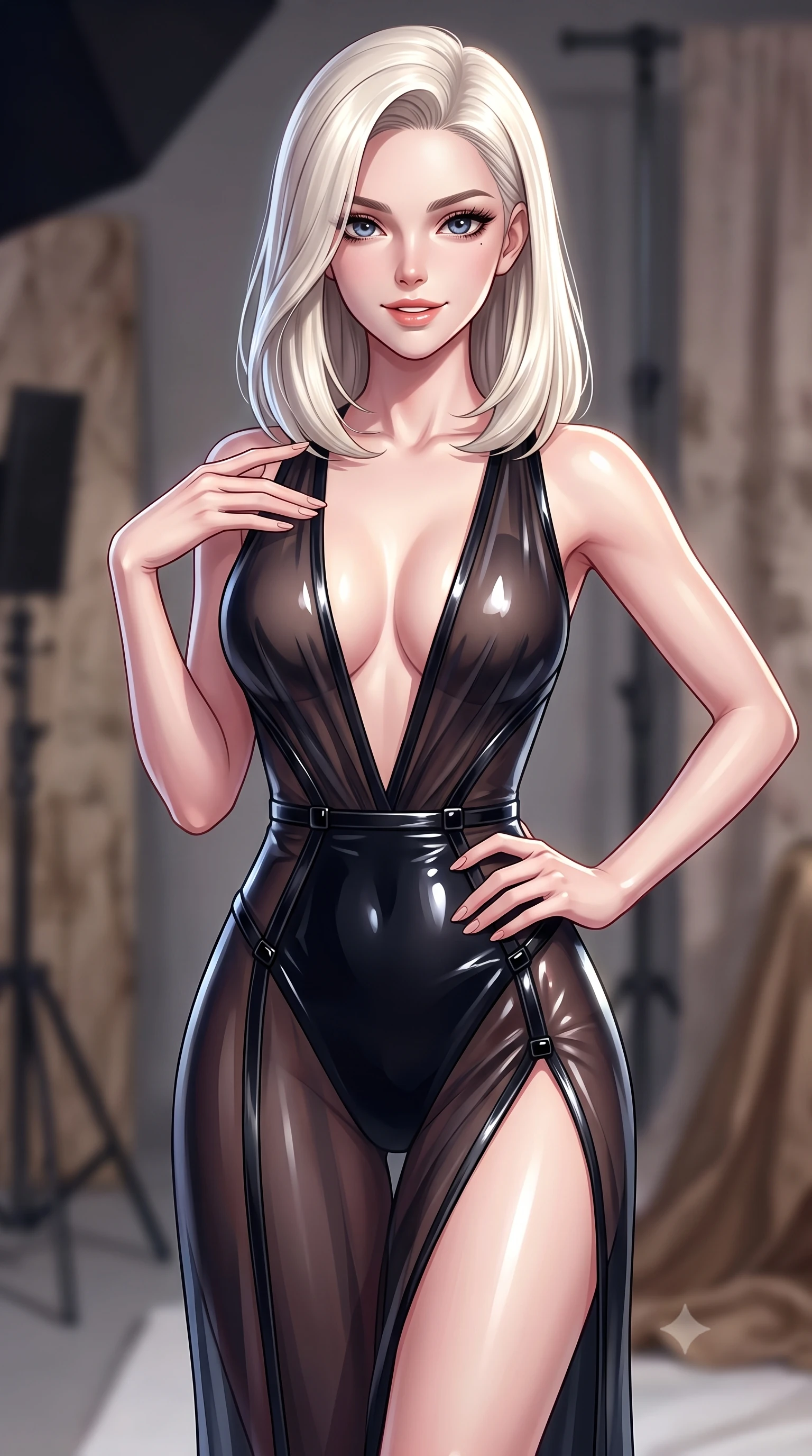 score_9, masterpiece, best quality, ultra-detailed, high-budget anime keyframe, editorial fashion photography, tasteful artistic composition, Caucasian woman. close-up cowboy shot from the waist and thighs up, the character dominates the composition, filling the frame with her large presence, background elements kept in soft focus. Smiling with quiet, magnetic self-assurance directly into the camera, glancing at the viewer with an air of effortless superiority and allure, sculpted athletic silhouette emphasized by precision form-fitting cuts. She has an exceptionally elegant, slender, and willowy female figure with an ultra-slim waist, a gracefully sculpted slender torso, and a refined silhouette. sharp v-shaped jawline, high-bridge nose, intricate jewel-like eyes with depth, thick eyelashes, glossy lips with a natural sheen. wearing deep plunging V-neckline midnight gown with daring high thigh slit in pitch-black onyx, made of sheer dark organza overlay, adorned with minimalist black onyx hardware framing the silhouette, accentuating her gracefully sculpted slender torso. illuminated by high-contrast studio key light creating intense specular highlights on latex. highly saturated vibrant anime colors, detailed shading with soft gradients, rich glossy textures, high-contrast stereoscopic depth, volumetric dynamic lighting, master piece, 9:16 ratio