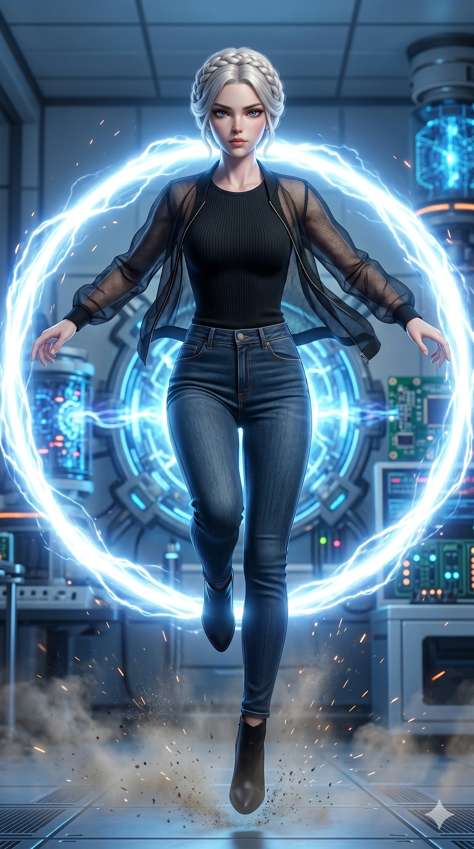 score_9, masterpiece, best quality, ultra-detailed, Set A: Photorealistic 8k CG, Japanese woman. Low angle cowboy shot filling the entire 9:16 frame with her statuesque presence. Leaping through a ring of glowing plasma in a high-tech laboratory. She has an absolutely perfect 8-heads proportion, an exceptionally tall and slender female figure with elegant long slender legs and an slender waist. Sharp v-shaped jawline, high-bridge nose, intricate jewel-like eyes with depth, thick eyelashes, glossy lips. Wearing an Urban Trendsetter outfit: elegant form-fitting dress with high-waist denim and a sheer jacket. Background is a bright and colorful lab with blue energy cores and vibrant light trails. 2k, ultra detail, master piece, 9:16 ratio