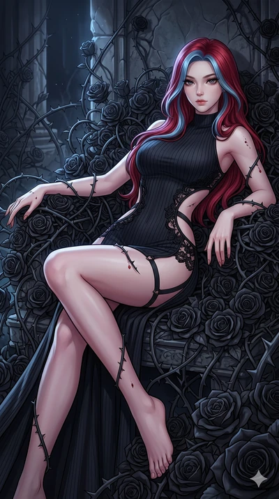 score_9, masterpiece, best quality, ultra-detailed, High-budget Anime Keyframe, East Asian woman. Dynamic full-body shot stretching the vertical silhouette to the limit. Scenario 210: Resting on a throne of black roses, thorns grazing her skin. Her p