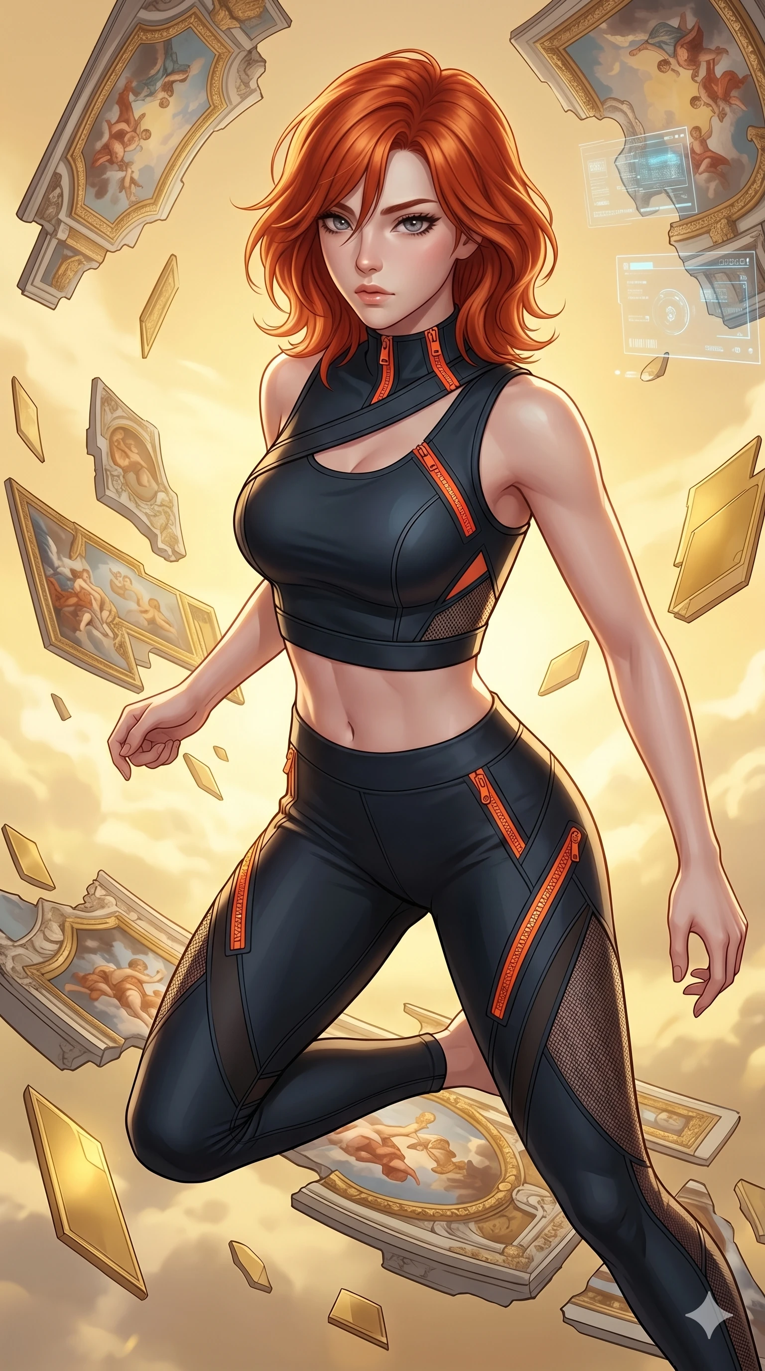 score_9, masterpiece, best quality, ultra-detailed, high-budget anime keyframe, Korean woman. upper body close-up from the thighs up, character filling the screen for maximum presence. propelling herself off digital baroque ceiling fresco shards that float and reassemble in a golden sky. She has an absolutely perfect 8-heads proportion, an exceptionally tall and slender female figure with impossibly long slender legs and an ultra-slim waist. V-shaped jawline, high-bridge nose, intricate jewel-like eyes with depth, thick eyelashes, glossy lips with a natural sheen.. wearing a second-skin neoprene cyber-athleisure set, featuring a tight crop top and leggings with fluorescent orange zipper accents and side slash panels. lit by a soft glowing ambient light and a sharp side key light that traces the sleek contours of her athletic build. 2k, ultra detail, master piece, 9:16 ratio