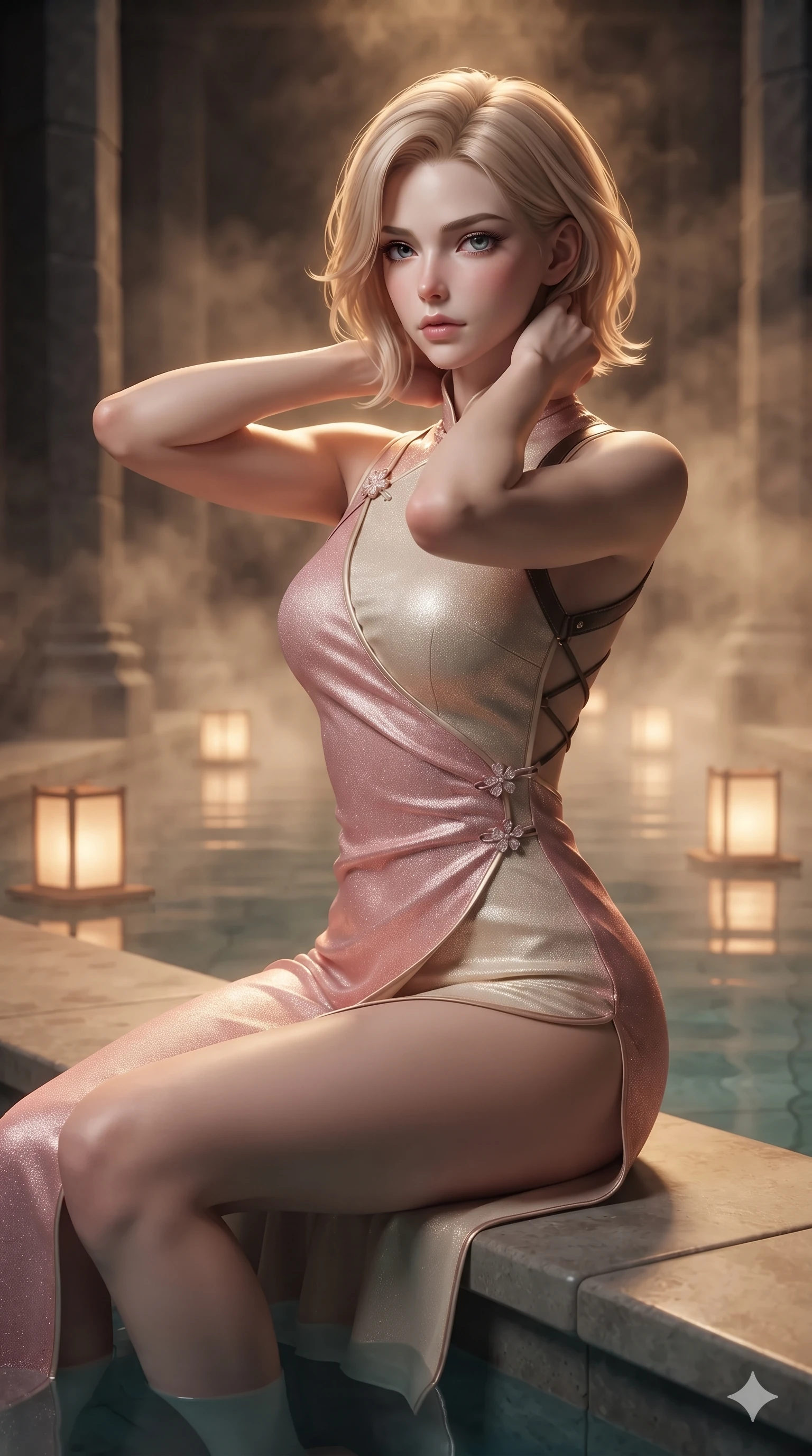 score_9, masterpiece, best quality, ultra-detailed, high-budget anime keyframe, editorial fashion photography, tasteful artistic composition, Caucasian woman. close-up cowboy shot from the waist and thighs up, the character dominates the composition, filling the frame with her large presence. resting both hands lightly behind her neck with elbows raised, arching her spine to highlight her narrow waist, flat midriff, and breathtaking collarbones while sitting poised on the smooth stone pool coping with one knee bent, flashing an enchanting smile with parted glossy lips. The background shows a soft-focus fluted hexagonal volcanic basalt pillars, glowing paper lanterns floating on water, and dense warm steam blurred into warm amber, honey, and charcoal bokeh. She has an exceptionally elegant, slender, and willowy female figure with an ultra-slim waist, flat toned midriff, narrow ribcage, and sculpted feminine hips creating an alluring, slim hourglass silhouette without bulk. sharp v-shaped jawline, high-bridge nose, intricate jewel-like sparkling eyes with depth, thick eyelashes, glossy parted lips with a natural sheen, intensely captivating and seductive bedroom-eyes expression, exuding both youthful cute charm and sovereign luxury allure, flawlessly proportioned anatomical accuracy, strict slender model proportions, natural body alignment, perfectly sculpted long slender limbs, ultra-slim waistline, clean dynamic posture without body distortion. wearing an alluring high-slit wrap cheongsam secured by miniature jeweled clasps and revealing the curve of her hip in sakura blossom pink and warm ivory, woven from stretch metallic lurex jersey casting radiant starlight glints across her curves, featuring an open-back criss-cross harness strap in dark leather, the high-slit wrap tailoring accentuating her ultra-slim waistline and the enchanting curve of her feminine hips with alluring seductive charm. illuminated by water reflection bounce and sharp amber-gold rim lights sculpting her razor-sharp jawline, narrow waist, and curvy hips. ultra-reflective glossy finish, specular highlights, rich textural contrasts, high-contrast stereoscopic depth, volumetric dynamic lighting, 2k, ultra detail, master piece, 9:16 ratio