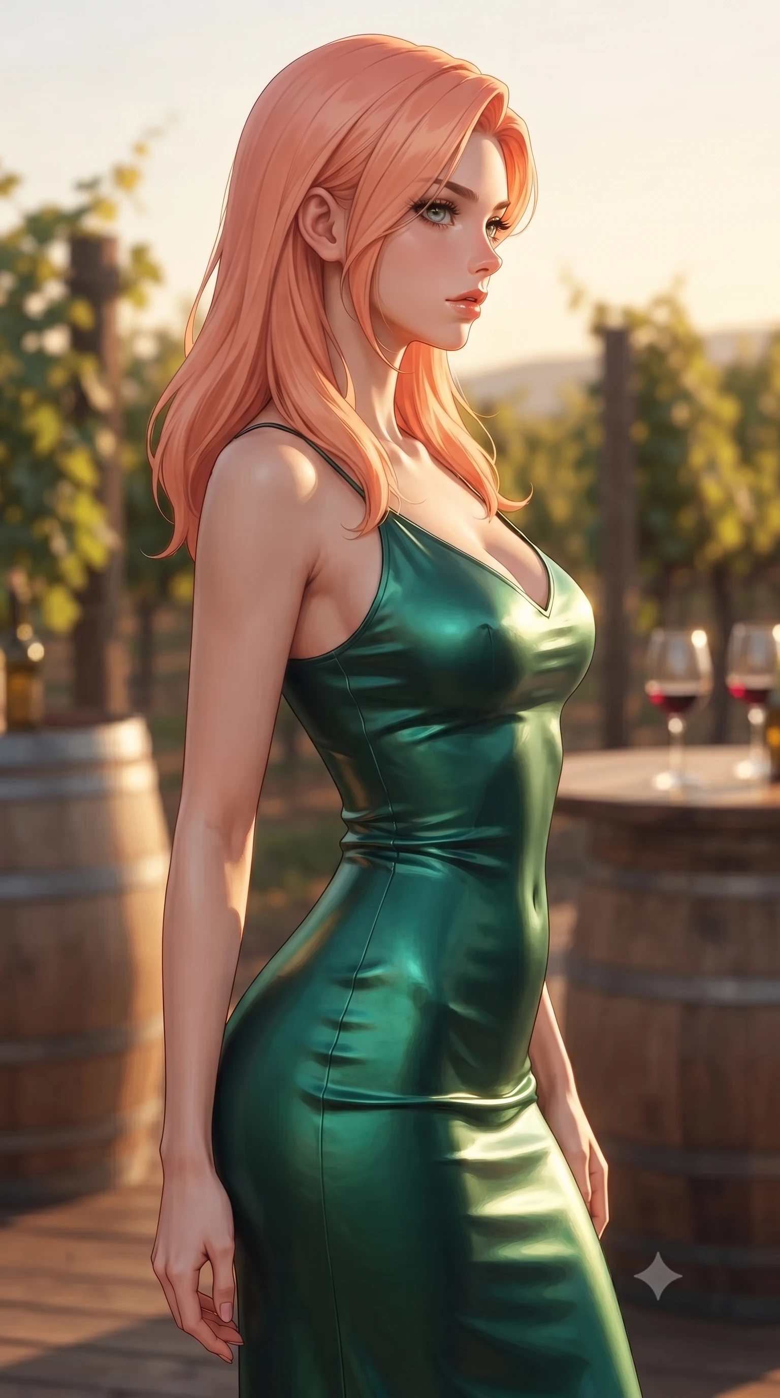 score_9, masterpiece, best quality, ultra-detailed, high-budget anime keyframe, editorial fashion photography, tasteful artistic composition, Japanese woman woman. close-up cowboy shot from the waist and thighs up, the character dominates the composition, filling the frame with her large presence, background elements kept in soft focus. turning her face in sharp profile, casting a cold, mysterious, yet intensely alluring side gaze, the background shows a soft-focus a wooden terrace of a vineyard winery, with wooden barrels and grapevines in soft focus. She has an exceptionally elegant, slender, and willowy female figure with an ultra-slim waist, a gracefully sculpted slender torso, and a refined silhouette. sharp v-shaped jawline, high-bridge nose, intricate jewel-like eyes with depth, thick eyelashes, glossy lips with a natural sheen. wearing a form-contouring form-contouring emerald green silk slip dress that hugs her slender waist and hips. warm golden hour light tracing the grapevines and wine glasses in a golden rim light. ultra-reflective glossy finish, specular highlights, metallic sheen, high-contrast stereoscopic depth, volumetric dynamic lighting, 2k, ultra detail, master piece, 9:16 ratio