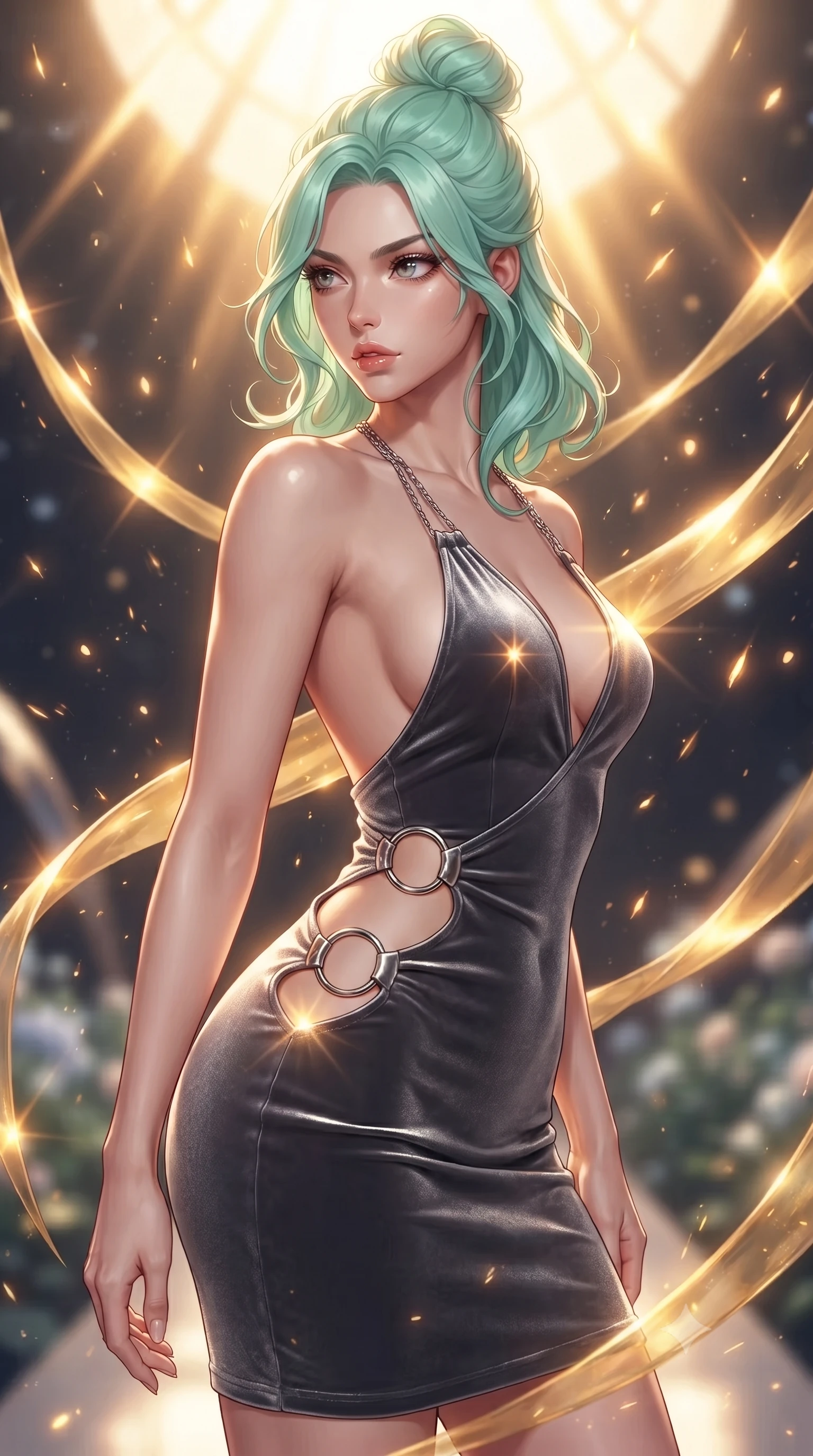 score_9, masterpiece, best quality, ultra-detailed, high-budget anime keyframe, editorial fashion photography, tasteful artistic composition, Japanese woman. close-up cowboy shot from the waist and thighs up, the character dominates the composition, filling the frame with her large presence, background elements kept in soft focus. Pivoting sharply while looking back over her shoulder with heavy lashes and a confident, intense gaze while pivoting sharply with a dynamic waist tilt as golden solar flare ribbons swirl around her, blazing solar flare sparks falling like a golden shower around her statuesque figure. She has an exceptionally elegant, slender, and willowy female figure with an ultra-slim waist, a gracefully sculpted slender torso, and a refined silhouette. sharp v-shaped jawline, high-bridge nose, intricate jewel-like eyes with depth, thick eyelashes, glossy lips with a natural sheen, flawlessly proportioned anatomical accuracy, natural body alignment, perfectly sculpted elegant limbs, clean dynamic posture without body distortion. wearing a deep-scoop halter bodycon dress with hip cutouts connected by silver rings in charcoal grey and platinum, made of premium stretch velvet with a rich sheen, adorned with delicate metallic chain straps along the neckline, the sleek second-skin texture accentuating her magnetic presence. bathed in glorious golden solar flares and intense warm sunburst backlighting. ultra-reflective glossy finish, specular highlights, metallic sheen, high-contrast stereoscopic depth, volumetric dynamic lighting, 2k, ultra detail, master piece, 9:16 ratio
