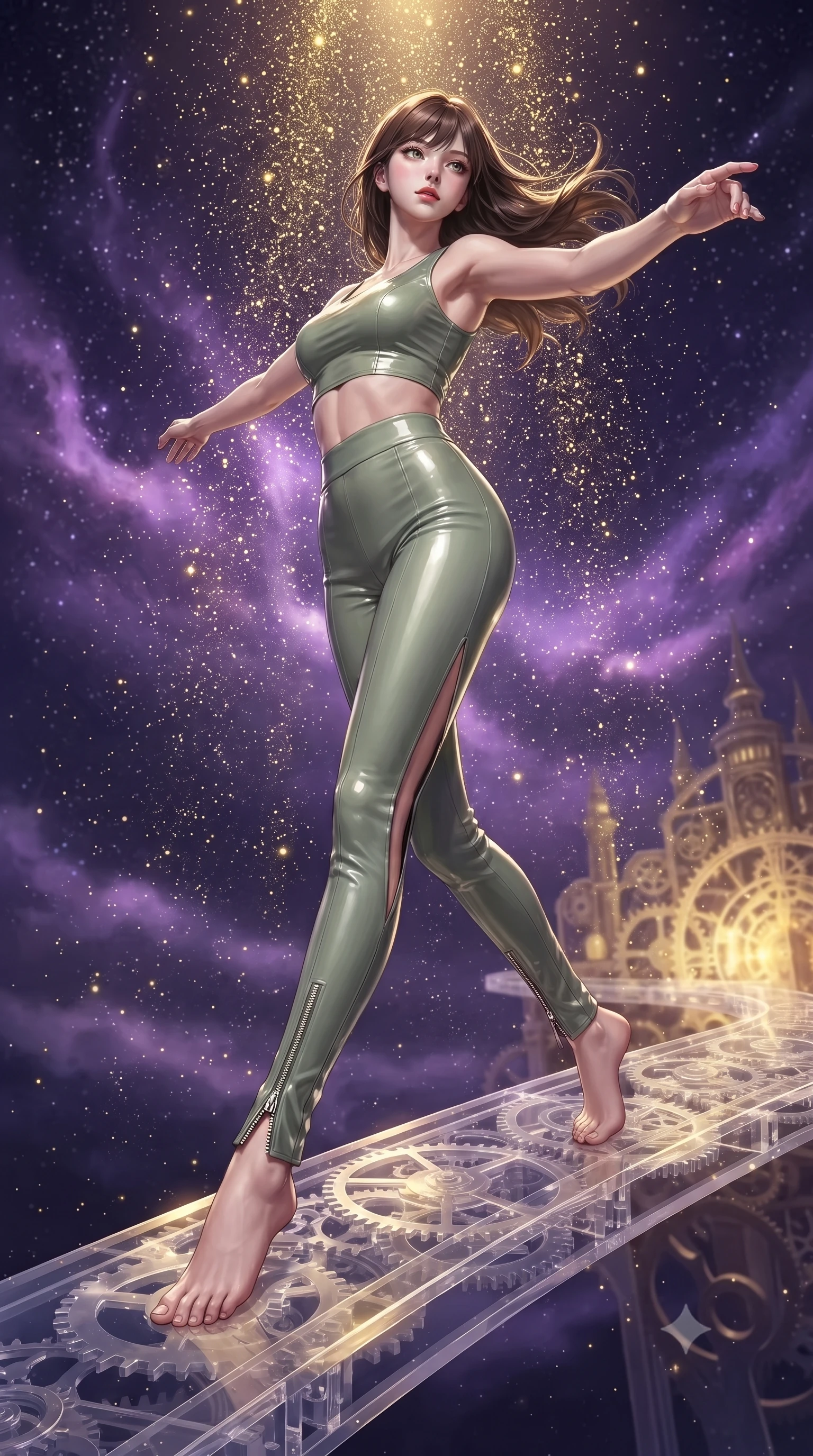 score_9, masterpiece, best quality, ultra-detailed, high-budget anime keyframe, editorial fashion photography, tasteful artistic composition, Korean woman. low angle full-body shot from head to toe showing her feet, filling the entire 9:16 vertical frame with her statuesque presence, stretching her vertical silhouette. performing an athletic mid-air rotation with flawless poise, her vertical silhouette beautifully stretched while balancing on a translucent clock springs bridge under a swirling violet nebula sky, starlight particles falling like a golden shower around her dynamic silhouette. She has an absolutely perfect, statuesque 8.5-heads proportion, an exceptionally tall and slender model-like female figure with impossibly long slender legs and an ultra-slim waist. sharp v-shaped jawline, high-bridge nose, intricate jewel-like eyes with depth, thick eyelashes, glossy lips with a natural sheen, flawlessly proportioned anatomical accuracy, natural body alignment, perfectly sculpted elegant limbs, clean dynamic posture without body distortion. wearing a glossy vinyl crop top and high-waist tailored leggings with sleek zippers in sage green and oatmeal, crafted from smooth liquid silk, finished with a sleek side slit ascending to mid-thigh, the sleek second-skin texture accentuating her magnetic presence. bathed in brilliant starlight and warm golden inner glow from the clockwork citadel. ultra-reflective glossy finish, specular highlights, metallic sheen, high-contrast stereoscopic depth, volumetric dynamic lighting, 2k, ultra detail, master piece, 9:16 ratio