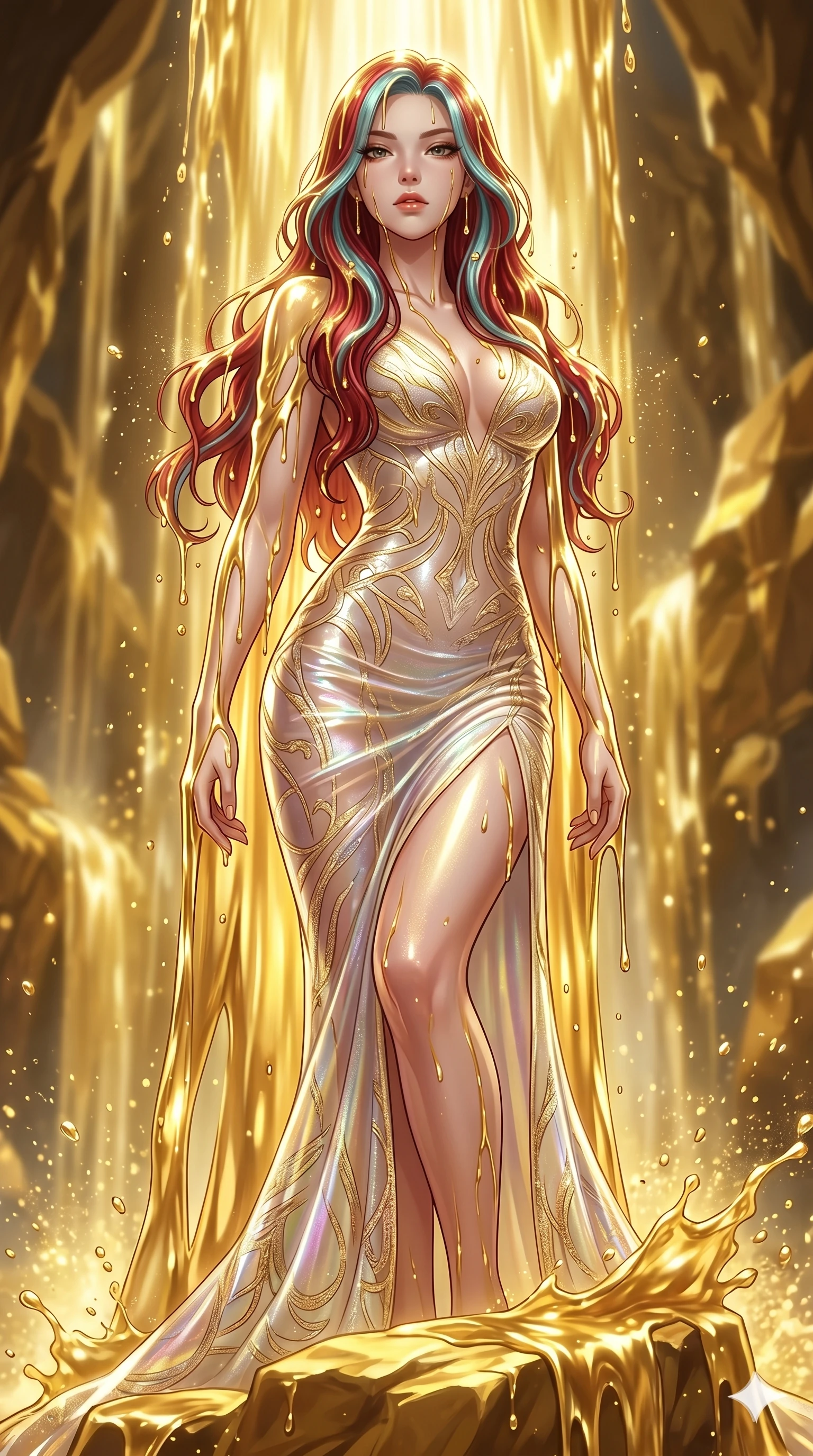 score_9, masterpiece, best quality, ultra-detailed, High-budget Anime Keyframe, East Asian woman. Low angle cowboy shot filling the entire 9:16 frame with her statuesque presence. Scenario 279: Standing under a waterfall of liquid gold, the fluid coating her form. Her presence is magnetic and overpowering in this high-budget anime scene. Outfit 279: A shimmering chiffon sheer with a thigh-high slit and tight-fitting silhouette. The clothing is designed to emphasize her exceptionally tall and slender 8-heads proportion. 8-heads proportion, towering silhouette, ultra-slim waist. sharp v-shaped jawline, intricate jewel-like eyes with depth, thick eyelashes, glossy lips. 2k, ultra detail, master piece, 9:16 ratio