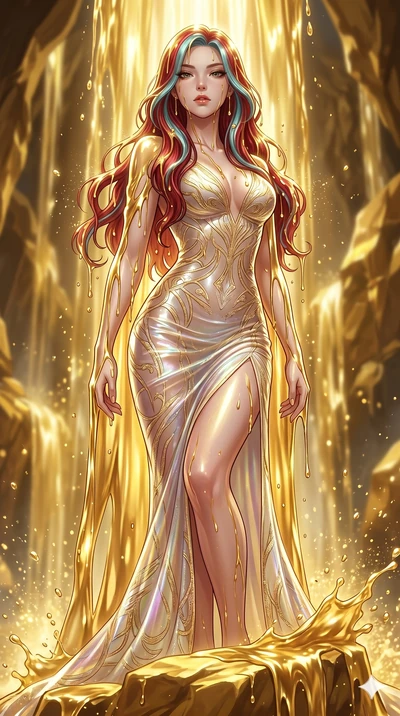 score_9, masterpiece, best quality, ultra-detailed, High-budget Anime Keyframe, East Asian woman. Low angle cowboy shot filling the entire 9:16 frame with her statuesque presence. Scenario 279: Standing under a waterfall of liquid gold, the fluid coa