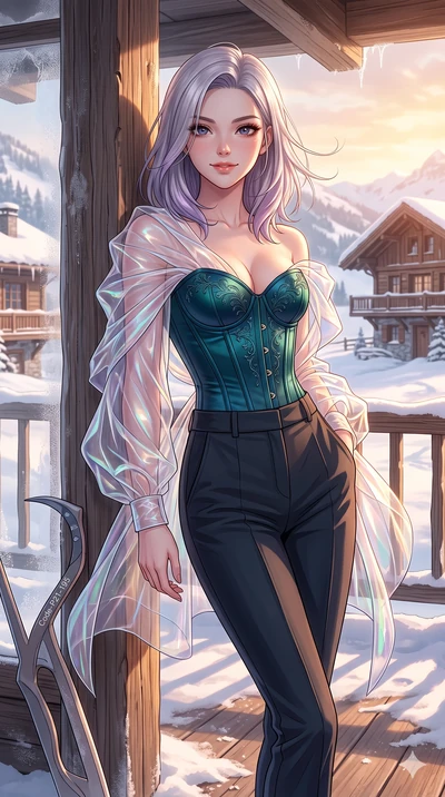 score_9, masterpiece, best quality, ultra-detailed, high-budget anime keyframe, vibrant anime aesthetic, Caucasian woman, strictly human ears. cowboy shot from the thighs up, character and outfit filling the frame for maximum presence. She is leaning