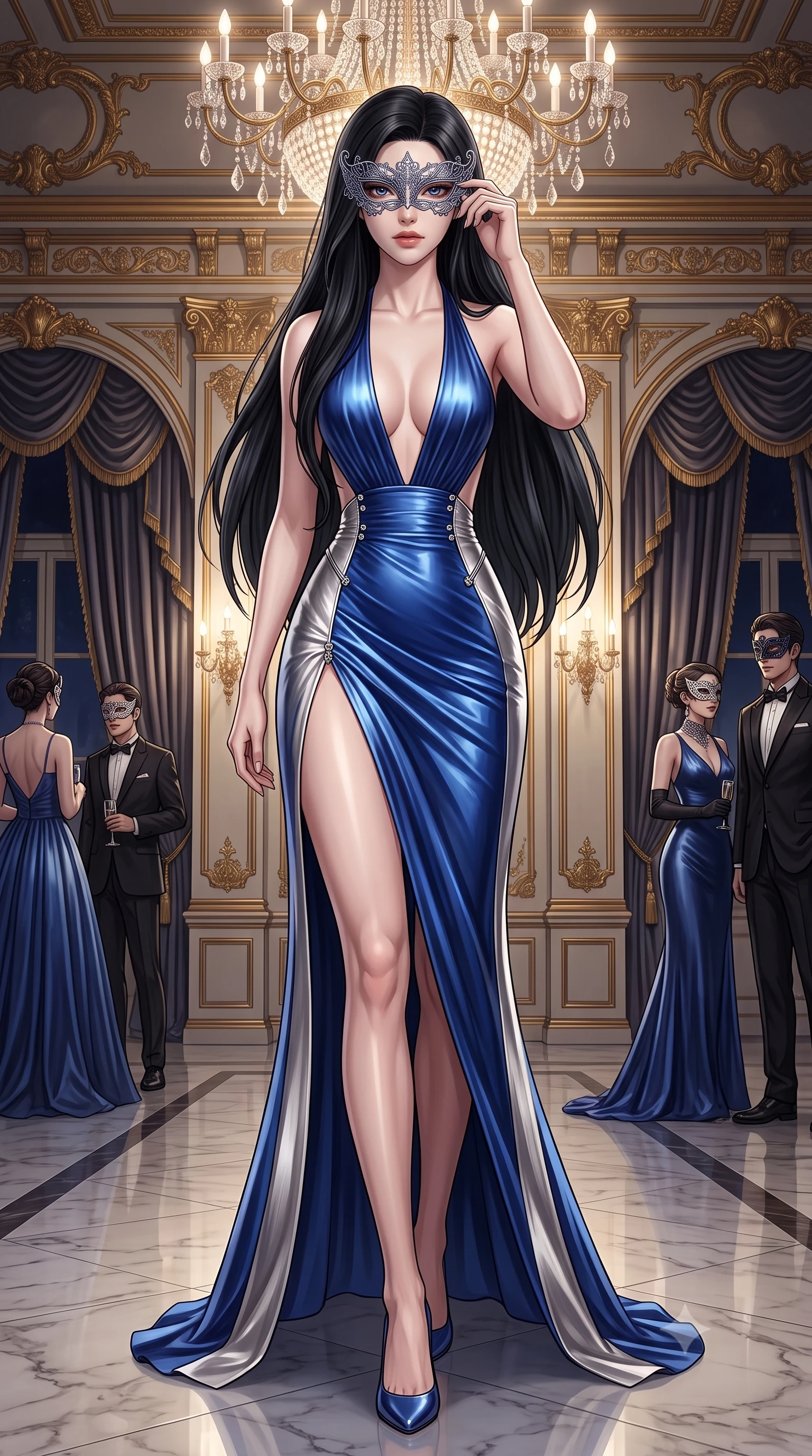 score_9, masterpiece, best quality, ultra-detailed, high-budget anime keyframe, semi-realistic 3D game render, editorial fashion photography, tasteful artistic composition, Korean woman. low angle full-body shot from head to toe showing her feet, filling the entire 9:16 vertical frame with her statuesque presence, stretching her vertical silhouette. stepping forward gracefully in mid-motion, displaying her toned flat midriff and flawlessly sculpted slender limbs while attending a lavish masquerade ball in an opulent baroque mansion, holding an intricate filigree lace mask to her captivating eyes. The surrounding environment is rendered in vivid detail and crisp panoramic clarity. luxurious neo-noir romance chiaroscuro and lavish historical mansion opulence rendered with precision. She has an absolutely perfect, statuesque 8.5-heads proportion, an exceptionally tall and slender model-like female figure with impossibly long slender legs, a toned flat midriff, and an ultra-slim waist. sharp v-shaped jawline, high-bridge nose, intricate jewel-like eyes with depth, thick eyelashes, glossy lips with a natural sheen, captivating and magnetic expression, flawlessly proportioned anatomical accuracy, strict slender model proportions, natural body alignment, perfectly sculpted long slender limbs, ultra-slim waistline, clean dynamic posture without body distortion. wearing a plunging halter-neck liquid-metallic column dress with a dramatic bare spine in royal sapphire blue and brushed platinum, crafted from lightweight carbon-titanium composite with precision beveled seams, finished with an ultra-high side slit secured by miniature jeweled clasps, the glove-like aerodynamic second-skin fit tightly clinging to her ultra-slender waist and athletic curves without adding bulk, accentuating her razor-sharp statuesque lines and slim hourglass silhouette. surrounded by an enigmatic, enchanting, and lethal undercover spy duchess aura. highly saturated vibrant anime colors, detailed shading with soft gradients, rich glossy textures, high-contrast stereoscopic depth, volumetric dynamic lighting, master piece, 9:16 ratio