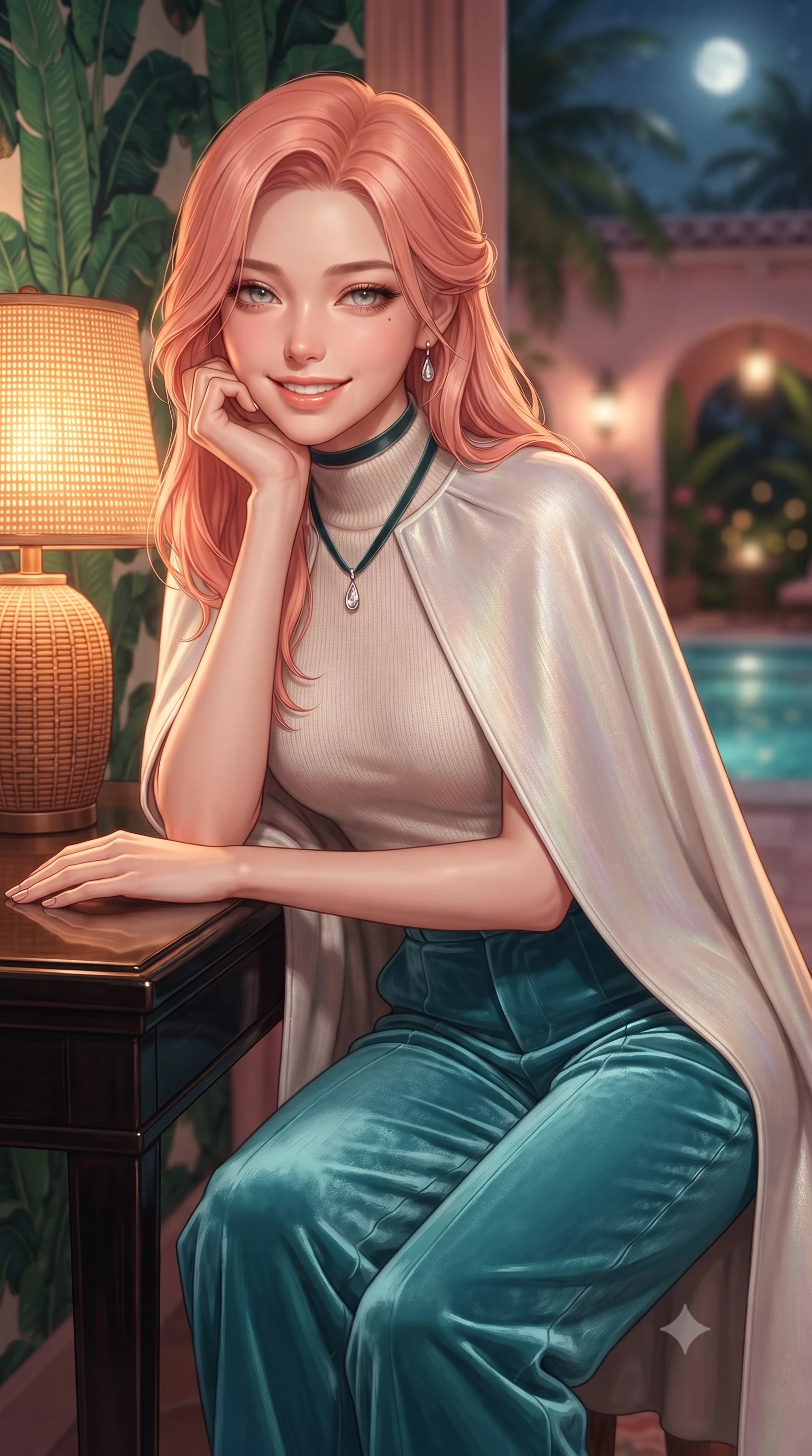 score_9, masterpiece, best quality, ultra-detailed, high-budget anime keyframe, editorial fashion photography, tasteful artistic composition, Japanese woman. close-up cowboy shot from the waist and thighs up, the character dominates the composition, filling the frame with her large presence. resting one elbow on the table and supporting her chin, leaning close to the camera with heavy-lidded sparkling eyes and parted lips while twisting her slender torso in an alluring S-curve on the plush pink carpet, warm lanai sconce light tracing her dewy skin and curves. The background shows a soft-focus vibrant emerald banana-leaf wallpaper patterns, pink stucco walls of the historic bungalow, and moonlit private pool through palms blurred into emerald, rose pink, and gold bokeh. She has an exceptionally elegant, slender, and willowy female figure with an ultra-slim waist, flat toned midriff, narrow ribcage, and sculpted feminine hips creating an alluring, slim hourglass silhouette without bulk. sharp v-shaped jawline, high-bridge nose, intricate jewel-like sparkling eyes with depth, thick eyelashes, glossy parted lips with a natural peach sheen, bright cheerful beaming smile with an enchanting and coquettish sensual glint, exuding both youthful cute charm and seductive allure, flawlessly proportioned anatomical accuracy, strict slender model proportions, natural body alignment, perfectly sculpted long slender limbs, ultra-slim waistline, clean dynamic posture without body distortion. wearing a bespoke high-neck cashmere knit cape coat paired with tailored wide-leg wool trousers in Sentosa tropical coral reef teal and pure iridescent pearl, tailored from ultra-plush silk velvet with rich tactile depth and deep shadow gradients, finished with a thin velvet ribbon choker and a single teardrop diamond pendant, the impeccably tailored cut draping gracefully along her slender figure with aristocratic poise. bathed in the warm, flattering 2700K incandescent glow of rattan table lamps and soft garden up-lights. ultra-reflective glossy finish, specular highlights, rich textural contrasts, high-contrast stereoscopic depth, volumetric dynamic lighting, 2k, ultra detail, master piece, 9:16 ratio