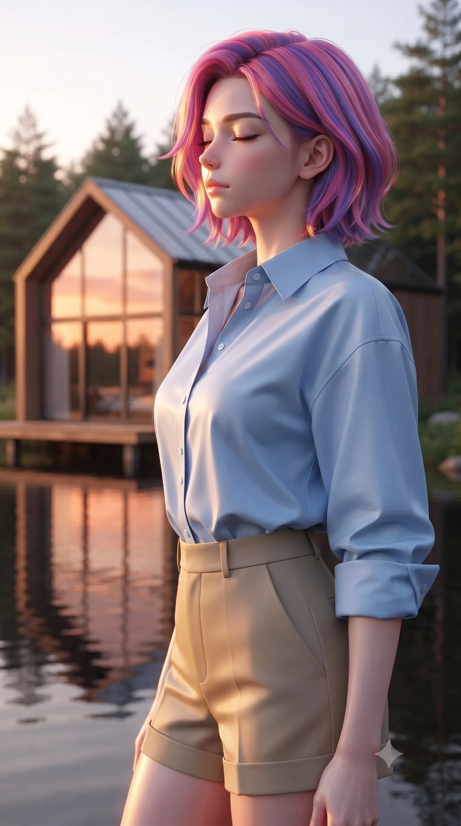 score_9, masterpiece, best quality, ultra-detailed, high-budget anime keyframe, editorial fashion photography, tasteful artistic composition, Caucasian woman woman. close-up cowboy shot from the waist and thighs up, the character dominates the composition, filling the frame with her large presence, background elements kept in soft focus. turning her face in profile to catch the warm sunlight on her cheek, eyes softly closed the background shows a soft-focus a modern house built of glass and wood, sitting on the edge of a calm forest lake. She has an exceptionally elegant, slender, and willowy female figure with an ultra-slim waist, a gracefully sculpted slender torso, and a refined silhouette. sharp v-shaped jawline, high-bridge nose, intricate jewel-like eyes with depth, thick eyelashes, glossy lips with a natural sheen. wearing a tailored oversized light blue cotton button-down shirt paired with tailored khaki shorts. the orange and pink reflection of the sunset on the glass walls and lake surface. ultra-reflective glossy finish, specular highlights, metallic sheen, high-contrast stereoscopic depth, volumetric dynamic lighting, 2k, ultra detail, master piece, 9:16 ratio