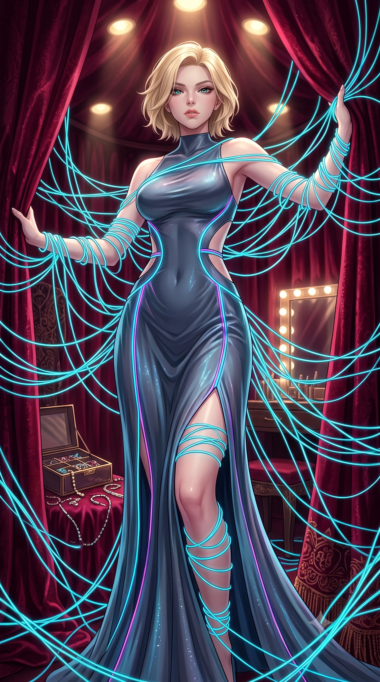 score_9, masterpiece, best quality, ultra-detailed, High-budget Anime Keyframe, Caucasian woman, strictly human ears. Low angle cowboy shot filling the entire 9:16 frame with her statuesque presence. Scenario 367: tangled in a web of glowing cyan fiber-optic cables inside a velvet-lined dressing room illuminated by soft golden spotlights. Her presence is magnetic and overpowering in this high-budget anime scene. Outfit 367: a tailored shimmering chiffon liquid with a strategic side cut-outs and glowing LED seams. The clothing is designed to emphasize her exceptionally tall and slender 8-heads proportion. 8-heads proportion, towering silhouette, ultra-slim waist. sharp v-shaped jawline, intricate jewel-like eyes with depth, thick eyelashes, glossy lips. 2k, ultra detail, master piece, 9:16 ratio