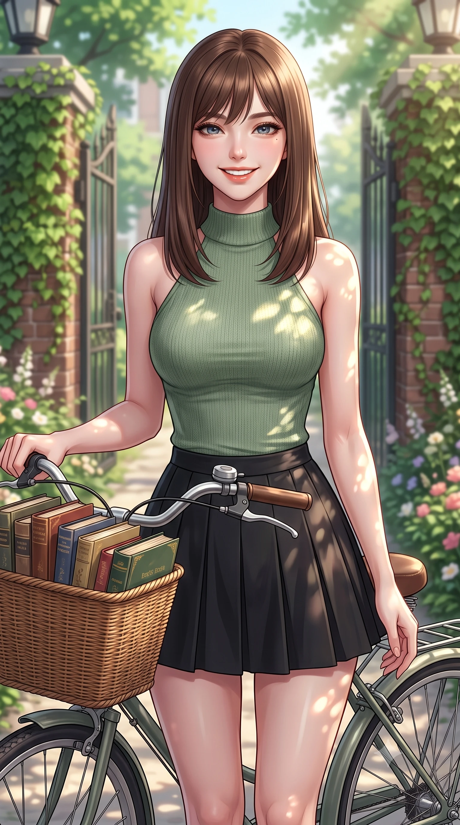 score_9, masterpiece, best quality, ultra-detailed, high-budget anime keyframe, editorial fashion photography, tasteful artistic composition, Korean woman. close-up cowboy shot from the waist and thighs up, the character dominates the composition, filling the frame with her large presence, background elements kept in soft focus. smiling with cute and bright self-assurance, looking directly at the viewer set against a soft-focus background of near a college campus gate draped in green ivy vines and surrounded by flowers resting her hand on a bicycle handle with a basket full of books. She has an exceptionally elegant, slender, and willowy female figure with an ultra-slim waist, a gracefully sculpted slender torso, and a refined silhouette. sharp v-shaped jawline, high-bridge nose, intricate jewel-like eyes with depth, thick eyelashes, glossy lips with a natural sheen. wearing slim-fit tailored halter knit top in sage green, paired with a pleated mini skirt. dappled sunlight creating beautiful light patterns on her skin and the ground. highly saturated vibrant anime colors, detailed shading with soft gradients, rich glossy textures, high-contrast stereoscopic depth, volumetric dynamic lighting, master piece, 9:16 ratio