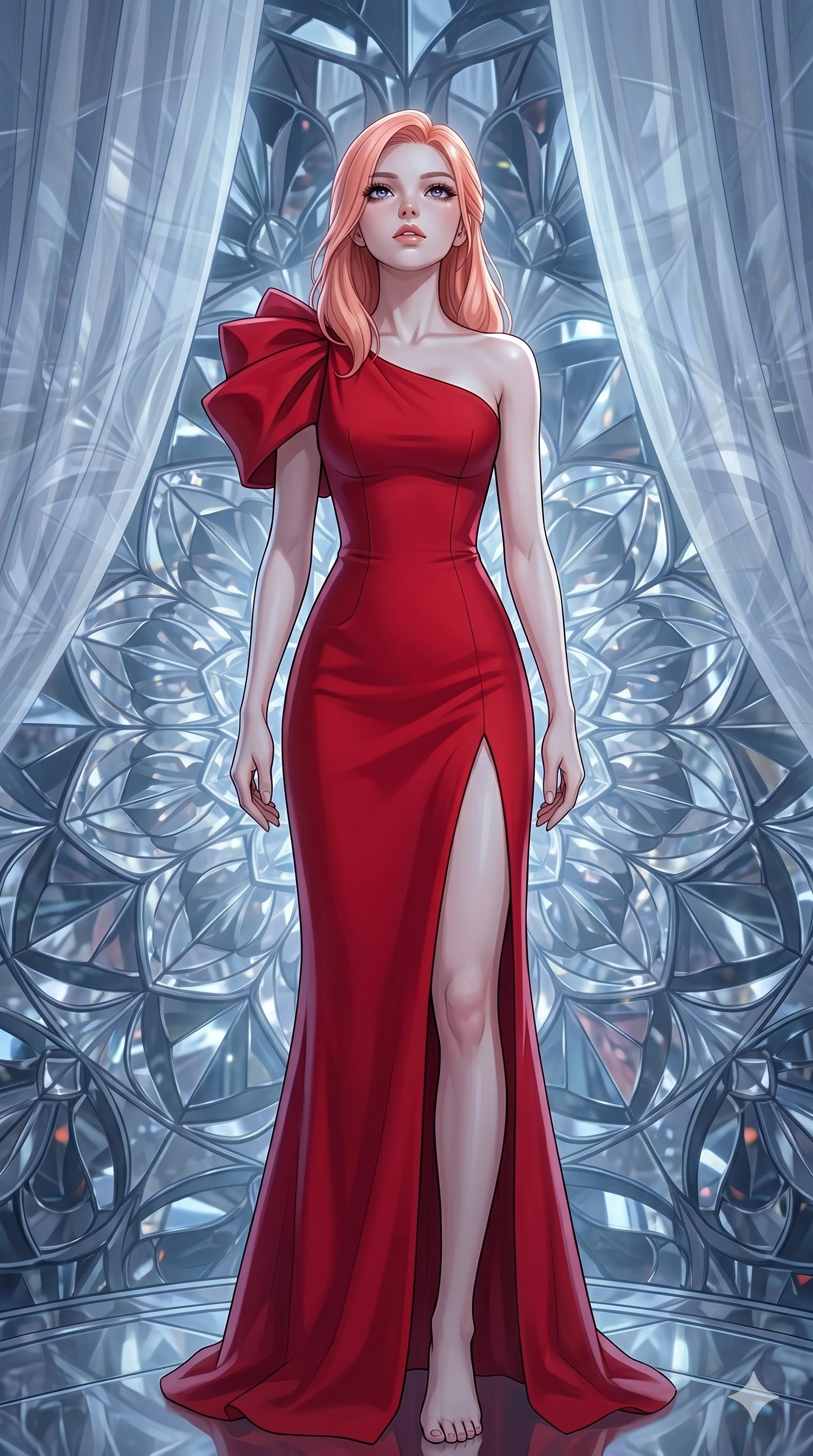 score_9, masterpiece, best quality, ultra-detailed, high-budget anime keyframe, editorial fashion photography, tasteful artistic composition, Japanese woman. cowboy shot from the thighs up, character and outfit filling the frame for maximum editorial presence. Tilting her chin up slightly with lips parted in a composed expression within a rotating kaleidoscope chamber where mirrored petals form endlessly shifting mandalas. She has an absolutely perfect 8-heads proportion, an exceptionally tall and slender female figure with impossibly long slender legs and an ultra-slim waist. V-shaped jawline, high-bridge nose, intricate jewel-like eyes with depth, thick eyelashes, glossy lips with a natural sheen. wearing a scarlet red crepe floor-length one-shoulder gown with a structured fitted bodice, a bold side slit ascending to mid-thigh, and dramatic architectural volume at the shoulder. bathed in cold silver moonlight filtered through translucent gossamer curtains casting soft shadows on her curves. 2k, ultra detail, master piece, 9:16 ratio