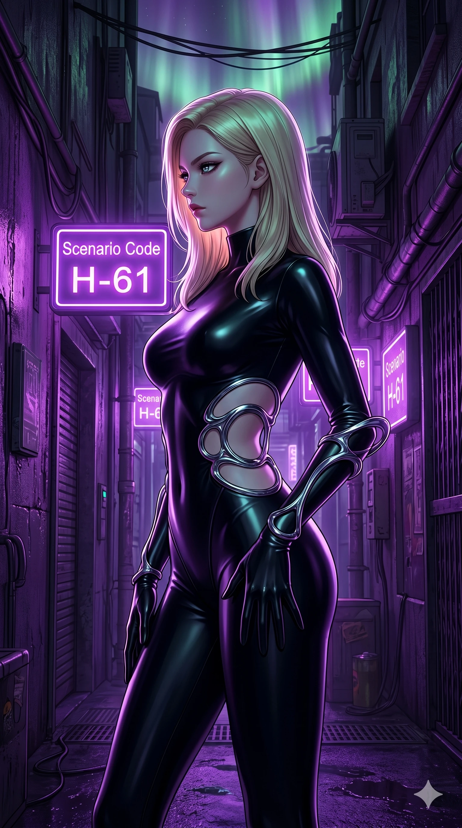 score_9, masterpiece, best quality, ultra-detailed, high-budget anime keyframe, editorial fashion photography, tasteful artistic composition, Korean woman. cowboy shot from the thighs up, character and outfit filling the frame for maximum editorial presence. standing in a sharp profile against the light, her eyes glowing with a quiet, menacing self-assurance in a dimly-lit cyberpunk alleyway under flickering violet neon signage (Scenario Code H-61). She has an absolutely perfect 8-heads proportion, an exceptionally tall and slender female figure with impossibly long slender legs and an ultra-slim waist. V-shaped jawline, high-bridge nose, intricate jewel-like eyes with depth, thick eyelashes, glossy lips with a natural sheen. wearing a skin-tight glove-like black latex bodysuit with dramatic waist cutouts framed by sculptural chrome rings. illuminated by a shifting aurora light from above, casting cold green and violet tones. 2k, ultra detail, master piece, 9:16 ratio