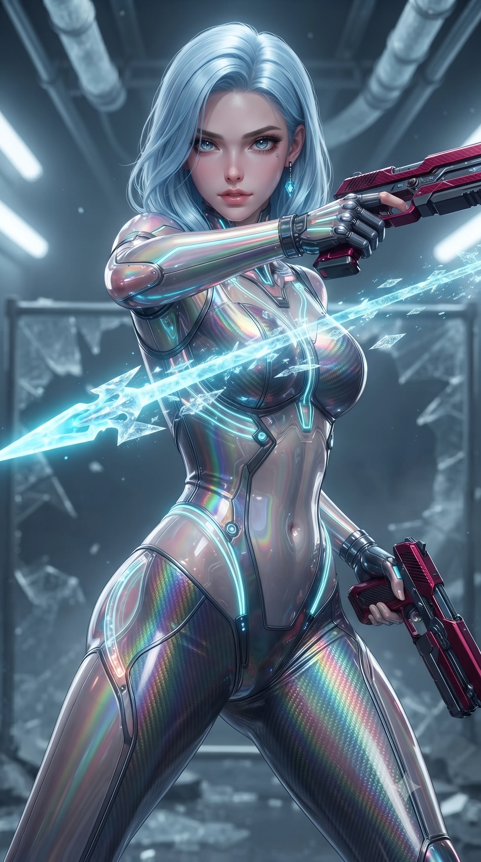 score_9, masterpiece, best quality, ultra-detailed, high-budget anime keyframe, editorial fashion photography, tasteful artistic composition, Korean woman. close-up cowboy shot from the waist and thighs up, the character dominates the composition, filling the frame with her large presence. twisting her upper body in a dynamic S-curve combat stance, one hand steadying her weapon with commanding supermodel allure while pivoting dynamically as she thrusts the cryo-spear forward, leaving a trail of diamond frost crystals hanging in the air. The composition keeps background elements in soft focus with creamy bokeh. shattered security barriers and overhead frosted conduits softened in quiet atmospheric focus. She has an exceptionally elegant, slender, and willowy female figure with an ultra-slim waist, a gracefully sculpted slender torso, toned flat midriff, and a refined slim silhouette. sharp v-shaped jawline, high-bridge nose, intricate jewel-like eyes with depth, thick eyelashes, glossy lips with a natural sheen, flawlessly proportioned anatomical accuracy, strict slender model proportions, natural body alignment, perfectly sculpted long slender limbs, ultra-slim waistline, clean dynamic posture without body distortion. wearing a high-gloss iridescent rainbow carbon-weave bodysuit with translucent cybernetic panels, brandishing dual sleek chrome particle beam pistols in a dynamic combat stance in deep crimson carbon weave with specular dark chrome accents, made of liquid carbon-jersey fabric adhering flawlessly to her sculpted silhouette, accented with glowing fiber-optic conduits tracing her collarbones and hip curves, the form-contouring material adhering flawlessly to her sculpted flat midriff and slender torso, emphasizing her long leg lines and perfectly proportioned willowy build. bathed in glowing cyan cryo-energy spear radiance and cool white emergency strobe lighting. ultra-reflective glossy finish, specular highlights, dark metallic sheen, high-contrast stereoscopic depth, volumetric dynamic lighting, 2k, ultra detail, master piece, 9:16 ratio