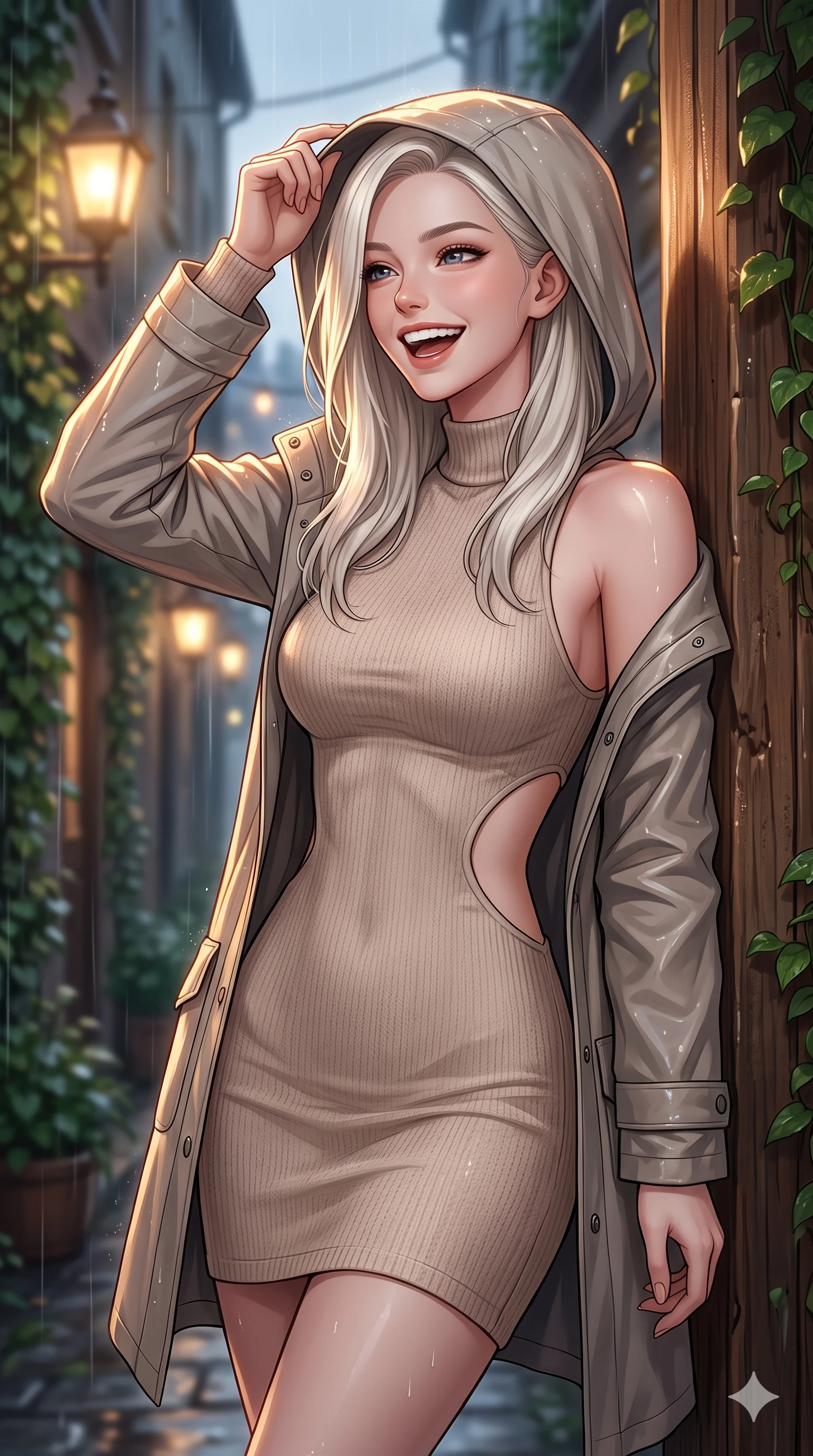 score_9, masterpiece, best quality, ultra-detailed, high-budget anime keyframe, vibrant anime aesthetic, Caucasian woman, strictly human ears. close-up cowboy shot from the waist and thighs up, the character dominates the composition, filling the frame with her large presence, background elements kept in soft focus. She is adjusting her stylish raincoat hood, laughing with a radiant face, with a warm and inviting look leaning against a rustic wooden column. the background shows a soft-focus quiet alleyway entrance lined with lush green climbing vines and glowing streetlamps in the twilight rain (Code-P22-109). She has an absolutely perfect proportion, an exceptionally elegant and slender female figure with an ultra-slim waist. V-shaped jawline, high-bridge nose, intricate jewel-like eyes with depth, thick eyelashes, glossy lips with a natural sheen. wearing a bodycon knit dress with an elegant side panel cut-out in soft beige. She is illuminated by warm candlelight and soft gaslight from a cozy greenhouse cafe, tracing the elegant lines of her shoulders during the twilight rain. 2k, ultra detail, master piece, 9:16 ratio