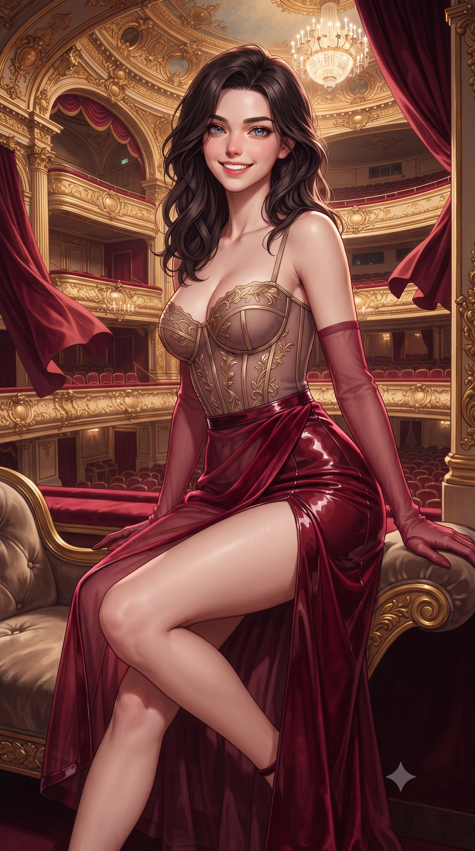 score_9, masterpiece, best quality, ultra-detailed, high-budget anime keyframe, editorial fashion photography, tasteful artistic composition, Korean woman. close-up cowboy shot from the waist and thighs up, the character dominates the composition, filling the frame with her large presence. perched sideways on the lounge seat, one knee drawn up to showcase her slender leg line while her arched back accentuates her feminine hip curve while standing poised in the gilded royal loge overlooking the grand auditorium, arching her spine with aristocratic charisma as levitating crimson velvet curtains flutter in mid-air. The surrounding environment is rendered in vivid detail and crisp panoramic clarity: detailed evening dress tailoring, lace accents, and opulent European baroque opera craft in high resolution. She has an exceptionally elegant, slender, and willowy female figure with an ultra-slim waist, flat toned midriff, narrow ribcage, and sculpted feminine hips creating an alluring, slim hourglass silhouette without bulk. sharp v-shaped jawline, high-bridge nose, intricate jewel-like sparkling eyes with depth, thick eyelashes, glossy parted lips with a natural peach sheen, bright cheerful beaming smile with an enchanting and coquettish sensual glint, exuding both youthful cute charm and seductive allure, flawlessly proportioned anatomical accuracy, strict slender model proportions, natural body alignment, perfectly sculpted long slender limbs, ultra-slim waistline, clean dynamic posture without body distortion. wearing a provocative translucent mesh corset bodice with boned satin channels paired with a sheer chiffon wrap skirt in royal opera crimson velvet and burnished gold, tailored from high-gloss patent leather with mirror-like specular highlights, complemented by sheer opera-length evening gloves tracing her slender arms, the high-slit wrap tailoring accentuating her ultra-slim waistline and the enchanting curve of her feminine hips with alluring seductive charm. illuminated by parquet floor reflection bounce and sharp rose-gold rim lights sculpting her jawline, narrow waist, and curvy hips. ultra-reflective glossy finish, specular highlights, rich textural contrasts, high-contrast stereoscopic depth, volumetric dynamic lighting, 2k, ultra detail, master piece, 9:16 ratio