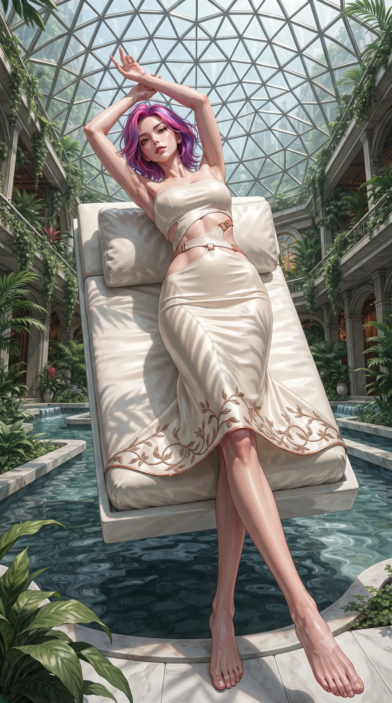 score_9, masterpiece, best quality, ultra-detailed, high-budget anime keyframe, editorial fashion photography, tasteful artistic composition, Caucasian woman. low angle full-body shot from head to toe showing her feet, filling the entire 9:16 vertical frame with her statuesque presence, stretching her vertical silhouette. pivoting dynamically with supreme athletic balance, her impossibly long slender legs and ultra-slim waist creating a mesmerizing vertical line while stretching her slender body on a floating white porcelain daybed beneath a geometric glass dome, arching her back with arms raised. The surrounding environment is rendered in vivid detail and crisp panoramic clarity. detailed architectural greenery, flowing water channels, and fabric textures in crisp panoramic resolution. She has an absolutely perfect, statuesque 8.5-heads proportion, an exceptionally tall and slender model-like female figure with impossibly long slender legs, a toned flat midriff, and an ultra-slim waist. sharp v-shaped jawline, high-bridge nose, intricate jewel-like eyes with depth, thick eyelashes, glossy parted lips with a natural sheen, intensely captivating and seductive expression, flawlessly proportioned anatomical accuracy, strict slender model proportions, natural body alignment, perfectly sculpted long slender limbs, ultra-slim waistline, clean dynamic posture without body distortion. wearing a minimalist sculpted ivory tube dress with curved diagonal midriff cutouts and brass hardware in light terracotta and metallic copper accents, tailored from lightweight performance eco-mesh with breathable cutouts, finished with organic vine-inspired metallic embroidery along the hem, the relaxed yet flattering fit accentuating her naturally graceful and slender figure, highlighting her tall statuesque proportions. illuminated by organic stencil shadows from tropical leaves tracing her sculpted torso and legs. ultra-reflective glossy finish, specular highlights, rich textural contrasts, high-contrast stereoscopic depth, volumetric dynamic lighting, 2k, ultra detail, master piece, 9:16 ratio